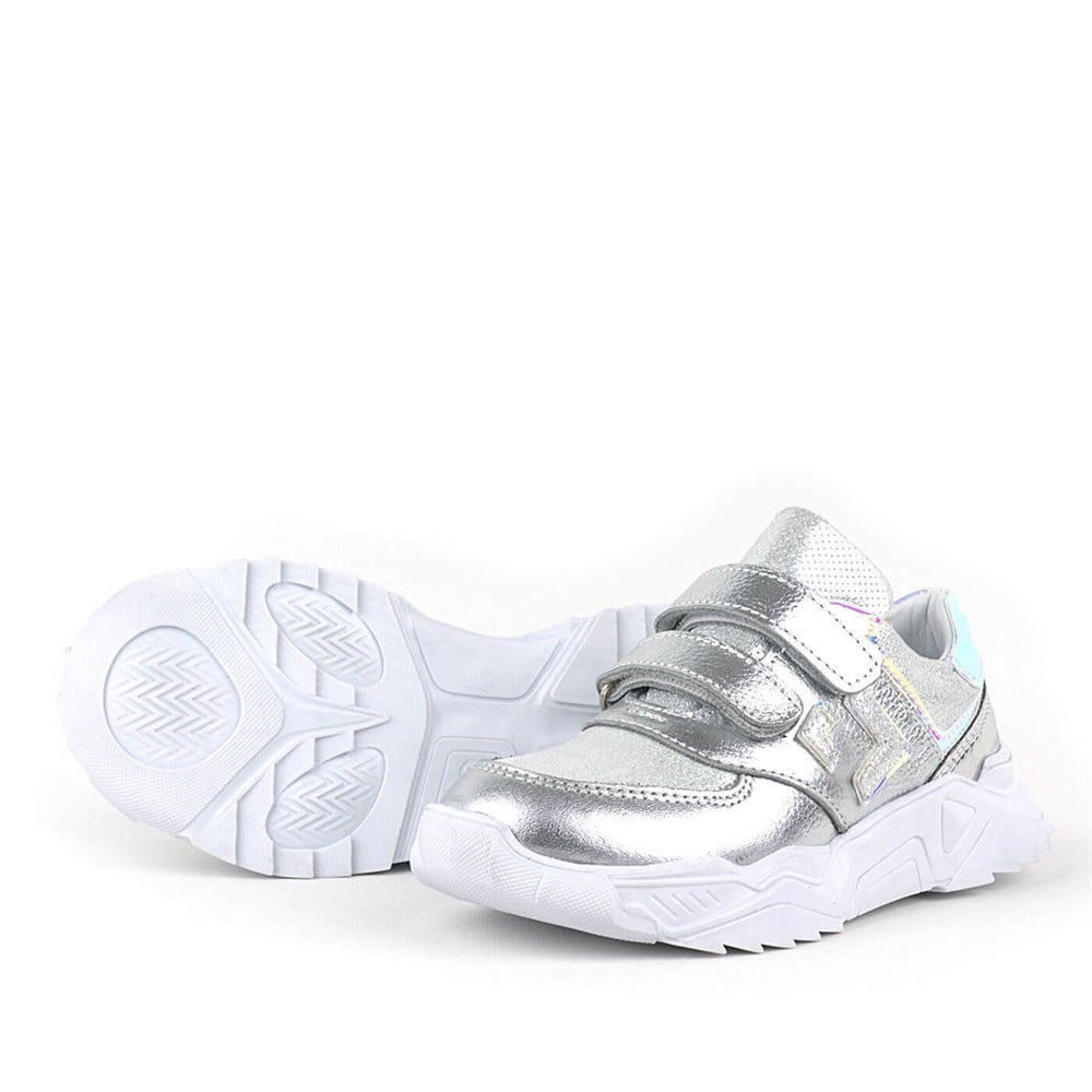 Hakiki Deri Gümüş Cırtlı Kız Çocuk Sneaker