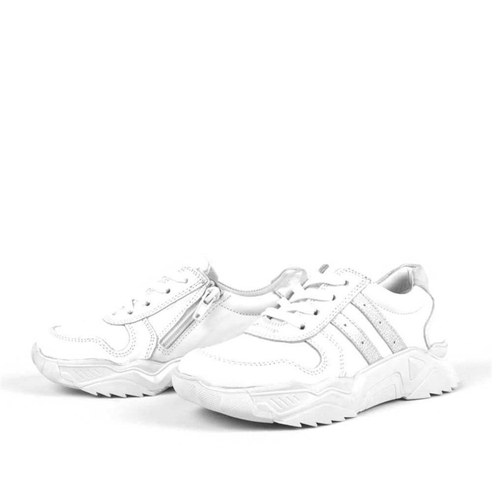 Hakiki Deri Beyaz Kalın Tabanlı Bağcıklı Kız Çocuk Sneaker