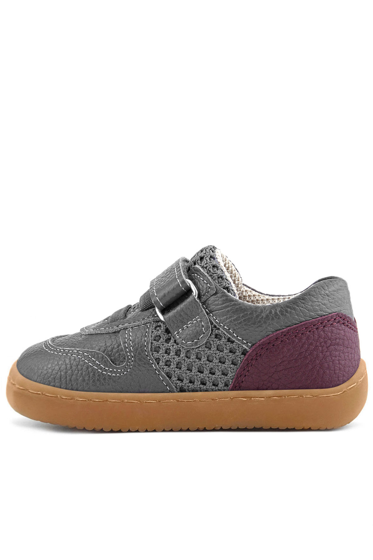 Rakerplus Bob Hakiki Deri Gri Bordo Barefoot Cırtlı Lastikli Bebek Sneaker Ayakkabı
