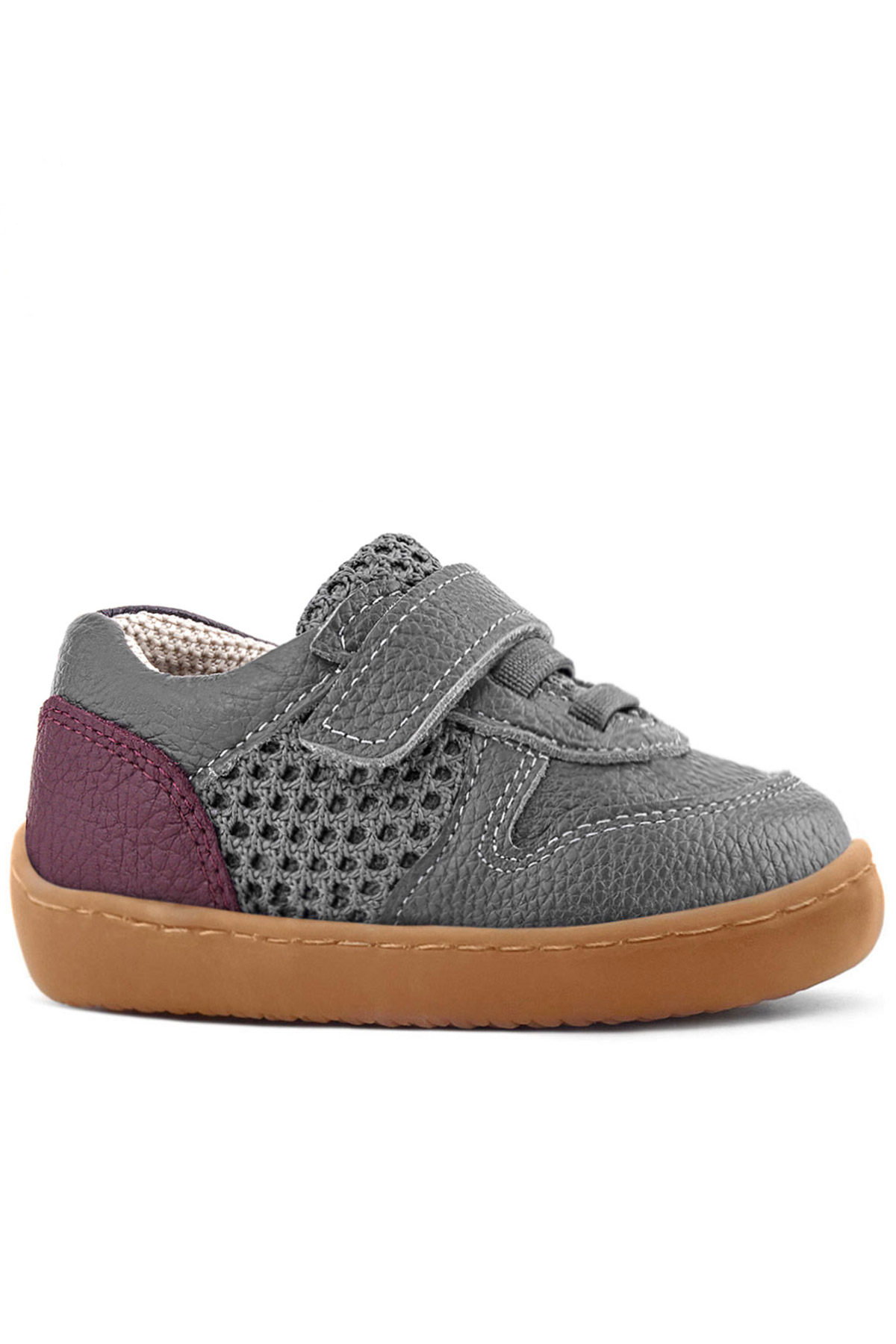 Rakerplus Bob Hakiki Deri Gri Bordo Barefoot Cırtlı Lastikli Bebek Sneaker Ayakkabı