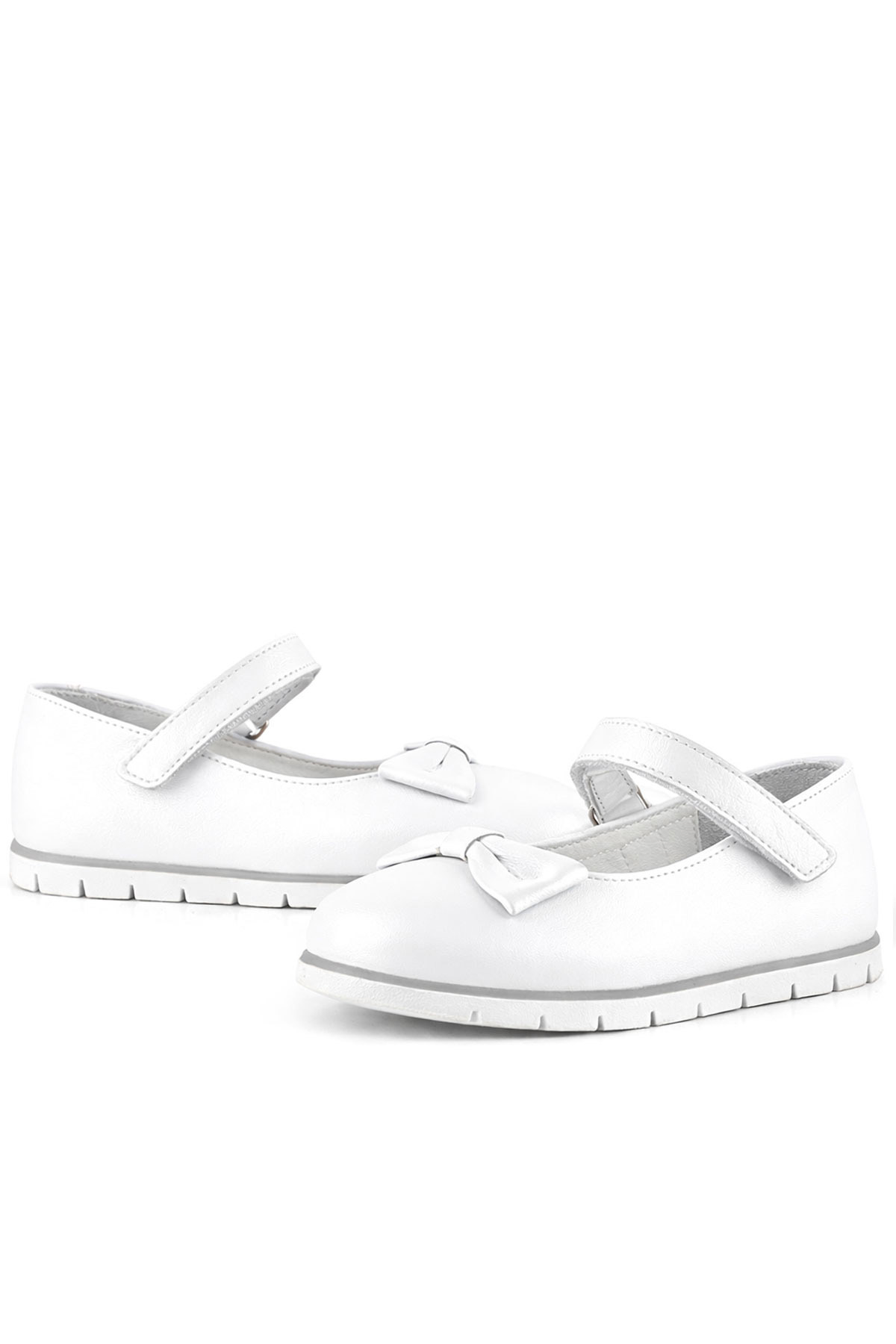 Rakerplus Hakiki Deri Beyaz Fiyonklu Cırtlı Kız Çocuk Babet Ayakkabı