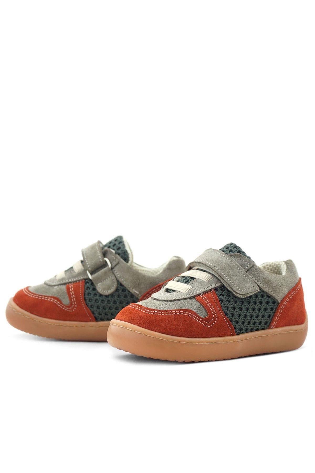 Rakerplus Bob Hakiki Deri Gri Yeşil Barefoot Cırtlı Lastikli Bebek Sneaker Ayakkabı