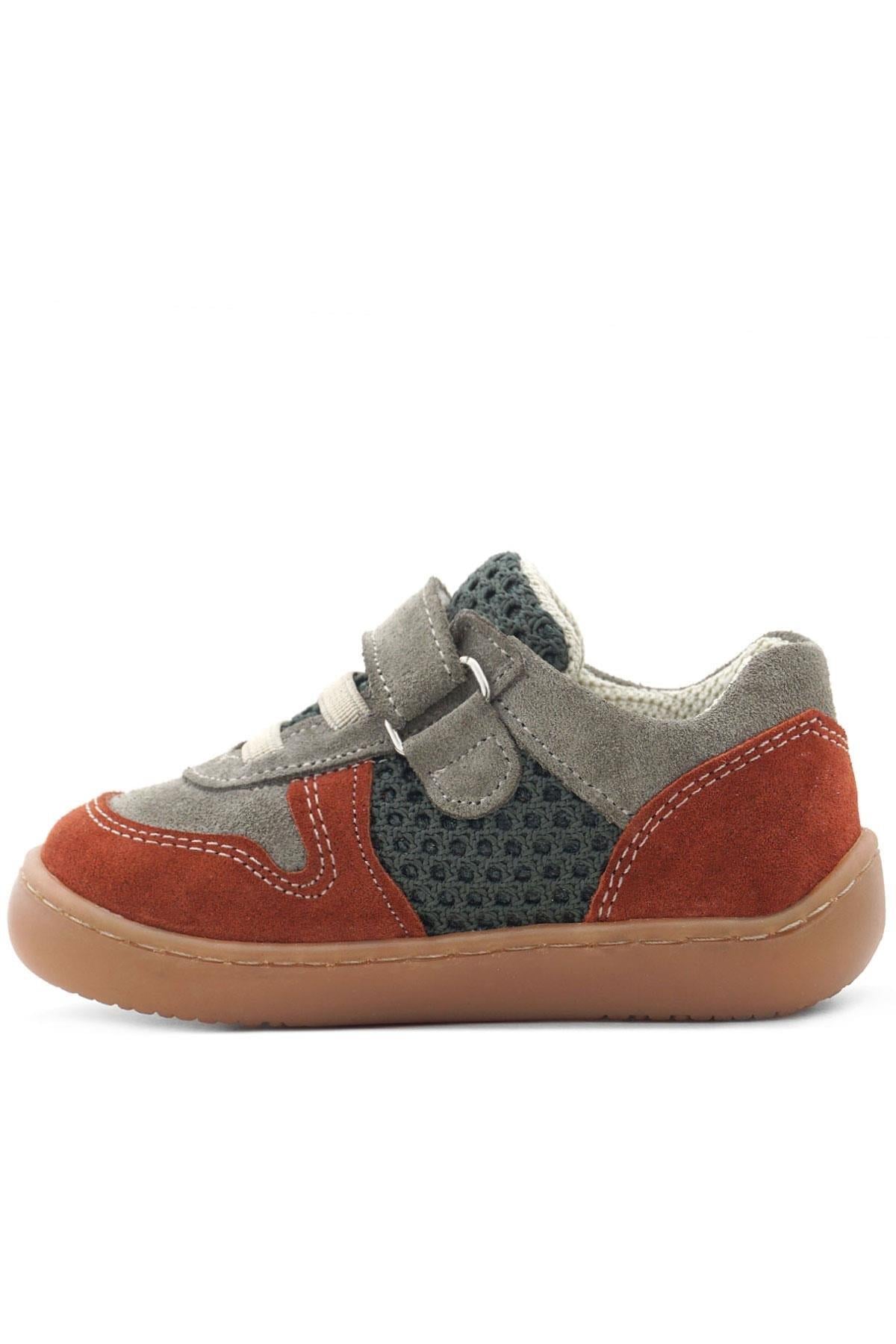 Rakerplus Bob Hakiki Deri Gri Yeşil Barefoot Cırtlı Lastikli Bebek Sneaker Ayakkabı