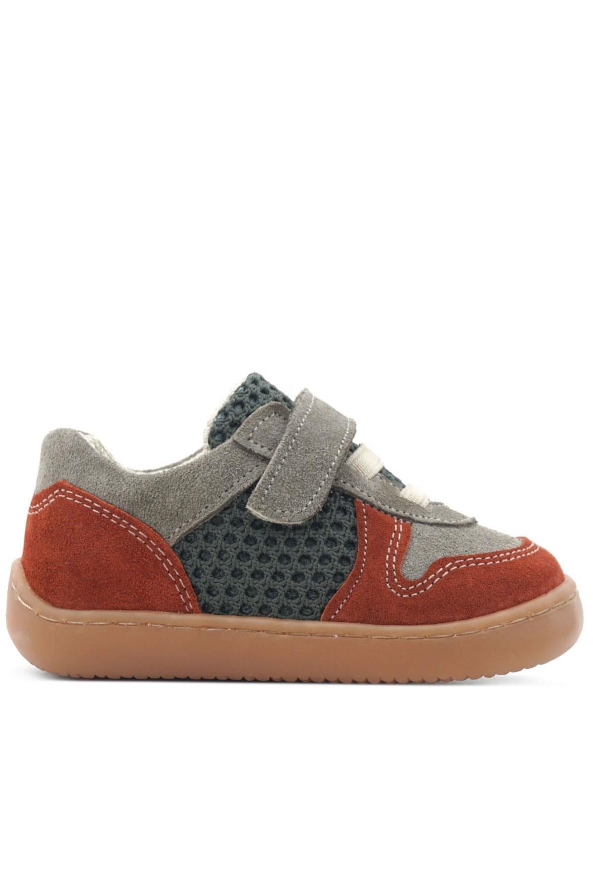 Rakerplus Bob Hakiki Deri Gri Yeşil Barefoot Cırtlı Lastikli Bebek Sneaker Ayakkabı