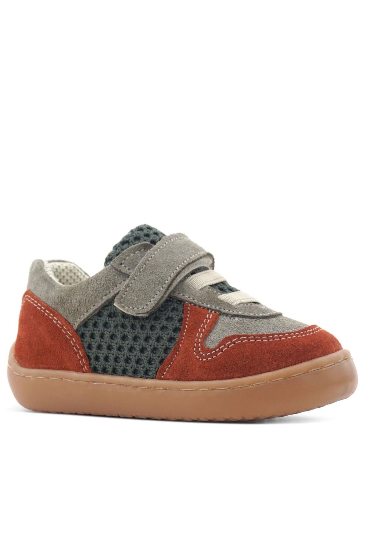 Rakerplus Bob Hakiki Deri Gri Yeşil Barefoot Cırtlı Lastikli Bebek Sneaker Ayakkabı