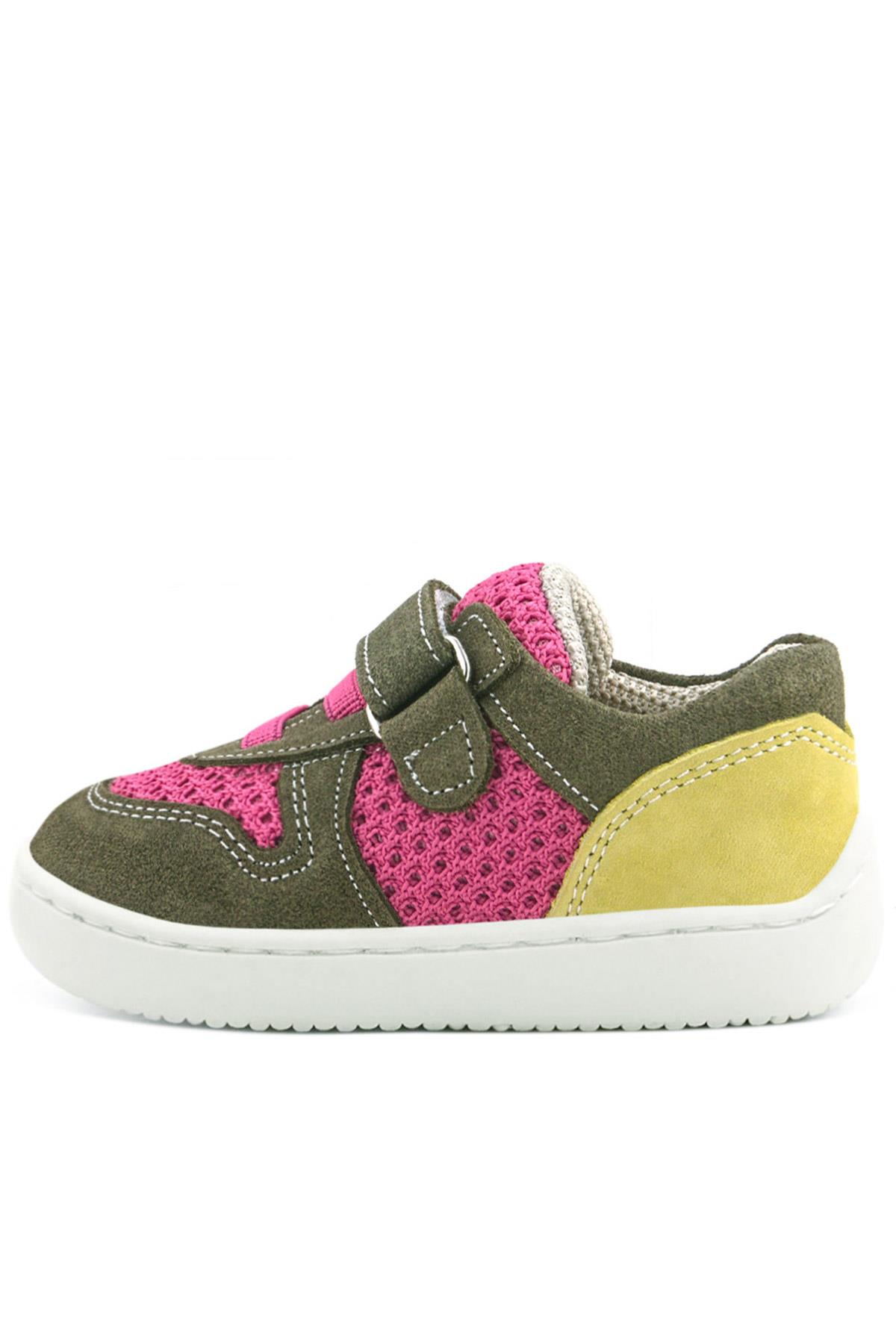 Rakerplus Bob Hakiki Deri Haki Yeşil Pembe Barefoot Cırtlı Lastikli Bebek Sneaker Ayakkabı