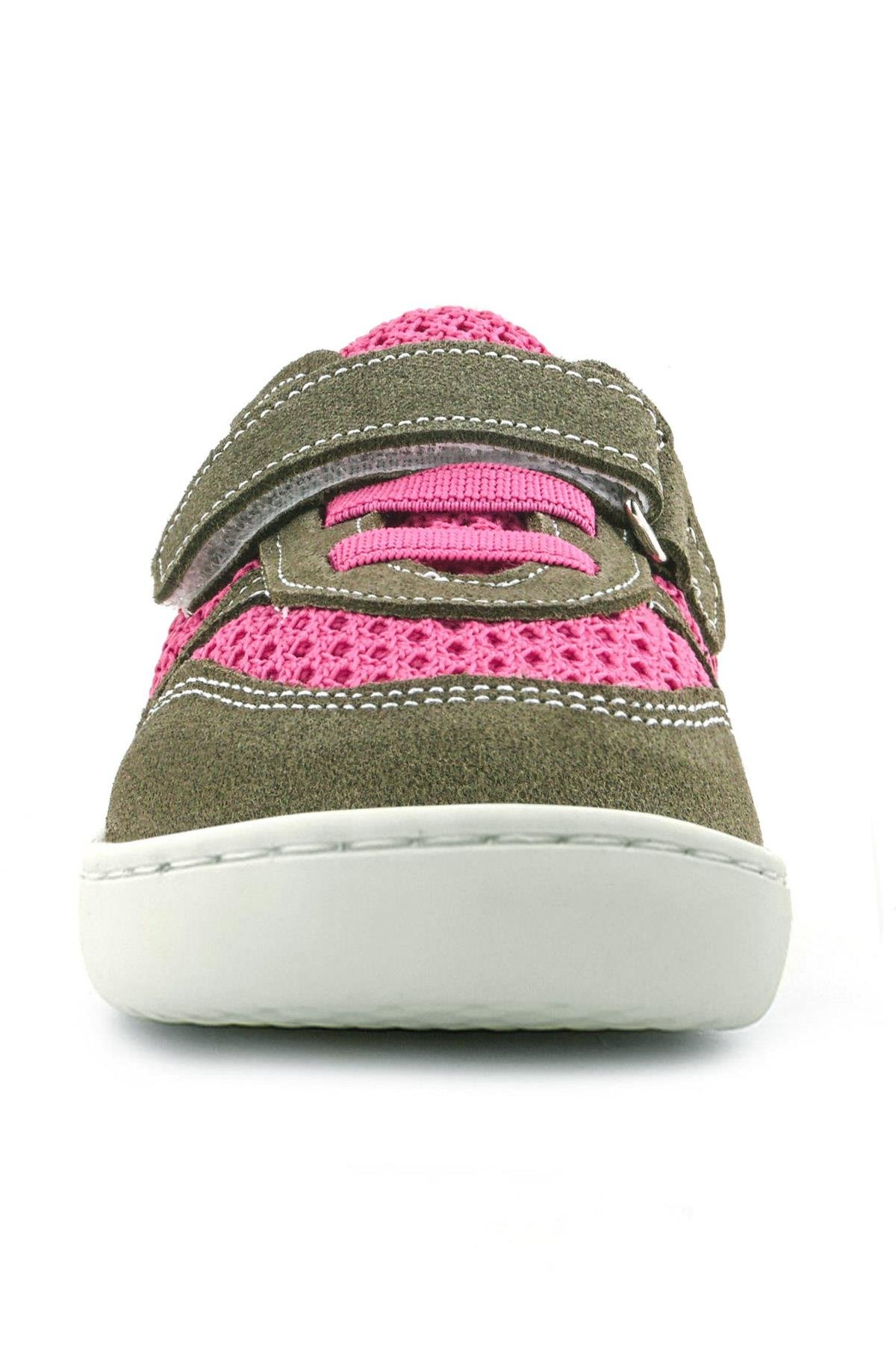 Rakerplus Bob Hakiki Deri Haki Yeşil Pembe Barefoot Cırtlı Lastikli Bebek Sneaker Ayakkabı