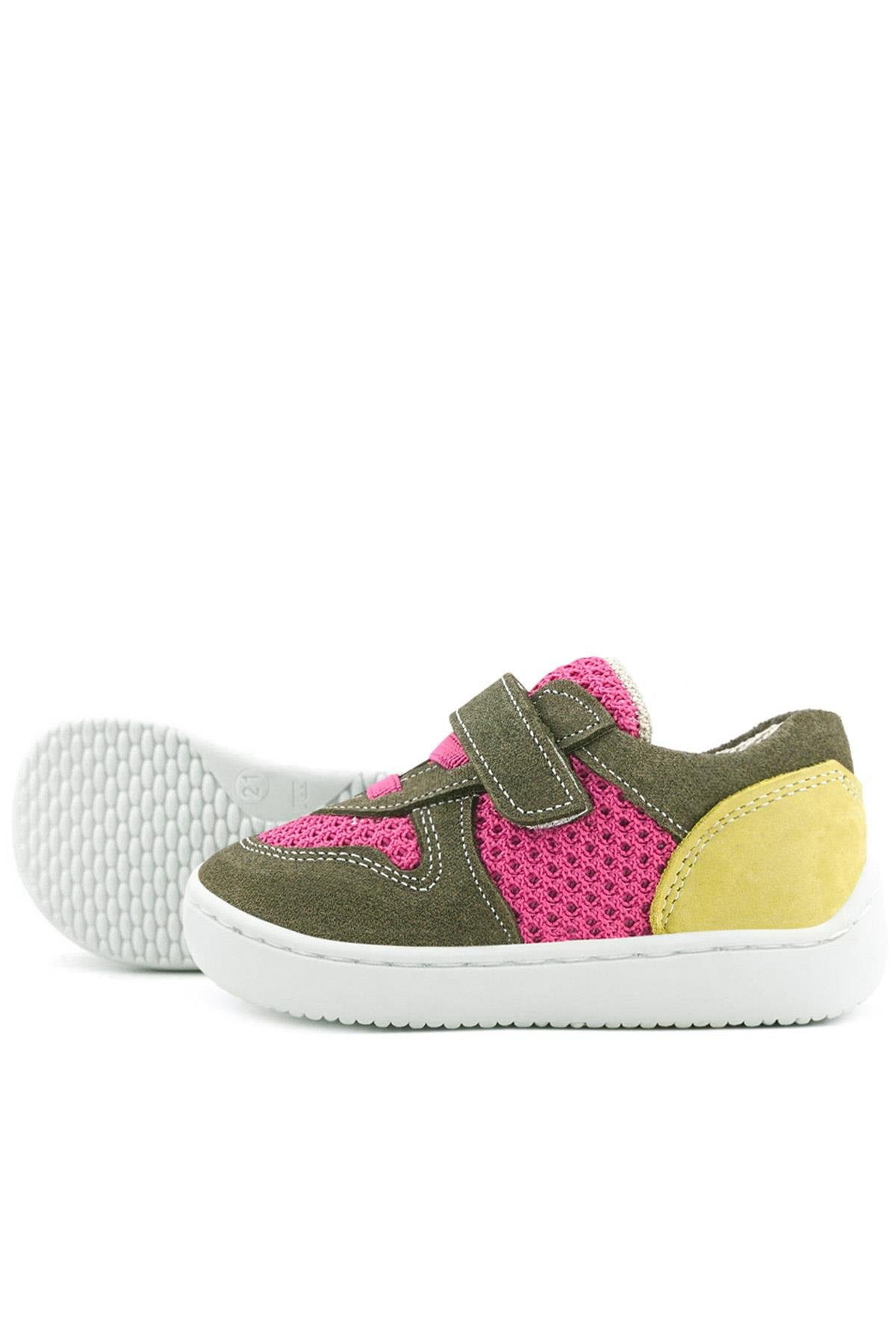 Rakerplus Bob Hakiki Deri Haki Yeşil Pembe Barefoot Cırtlı Lastikli Bebek Sneaker Ayakkabı