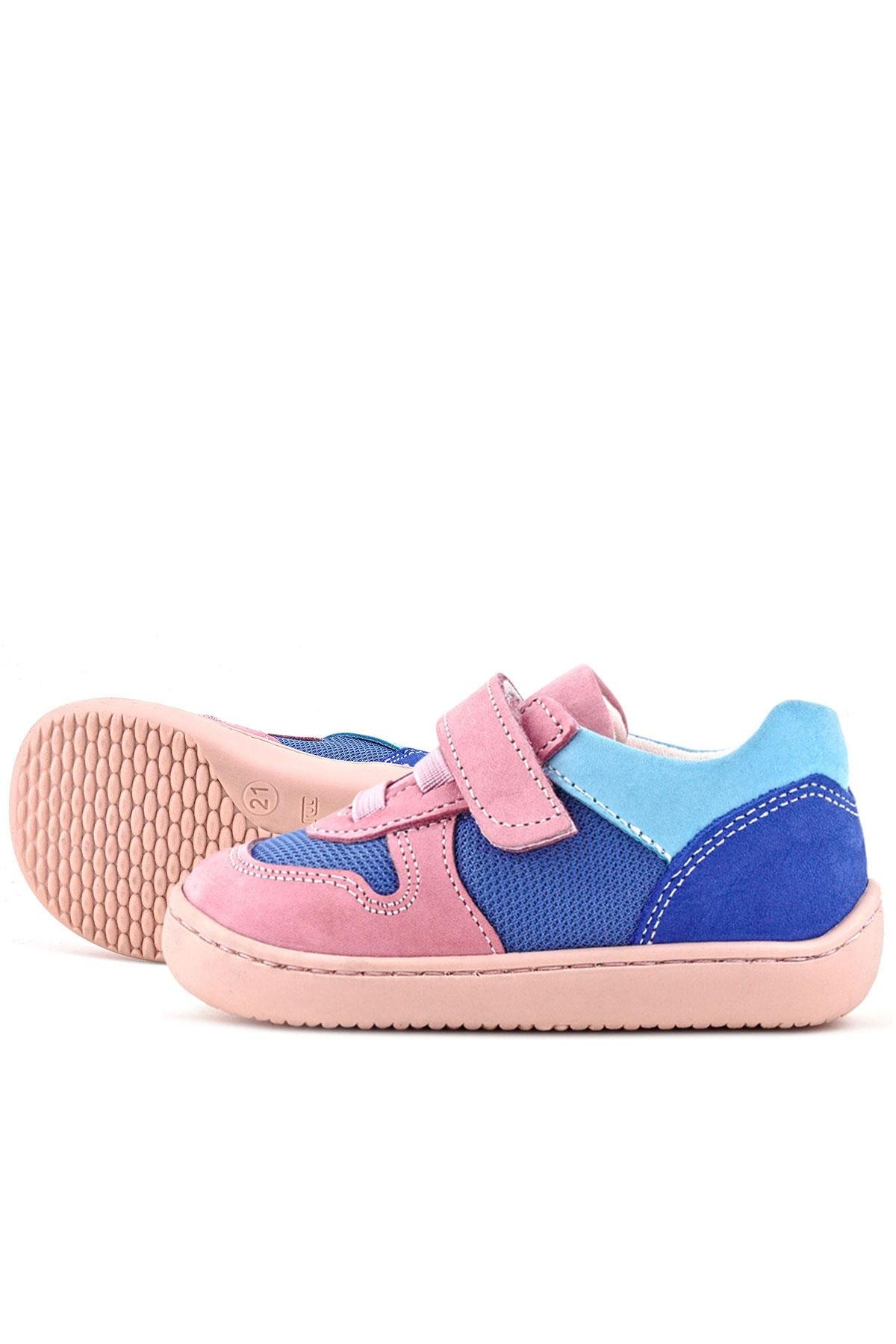 Rakerplus Bob Hakiki Deri Mavi Pembe Barefoot Cırtlı Lastikli Bebek Sneaker Ayakkabı