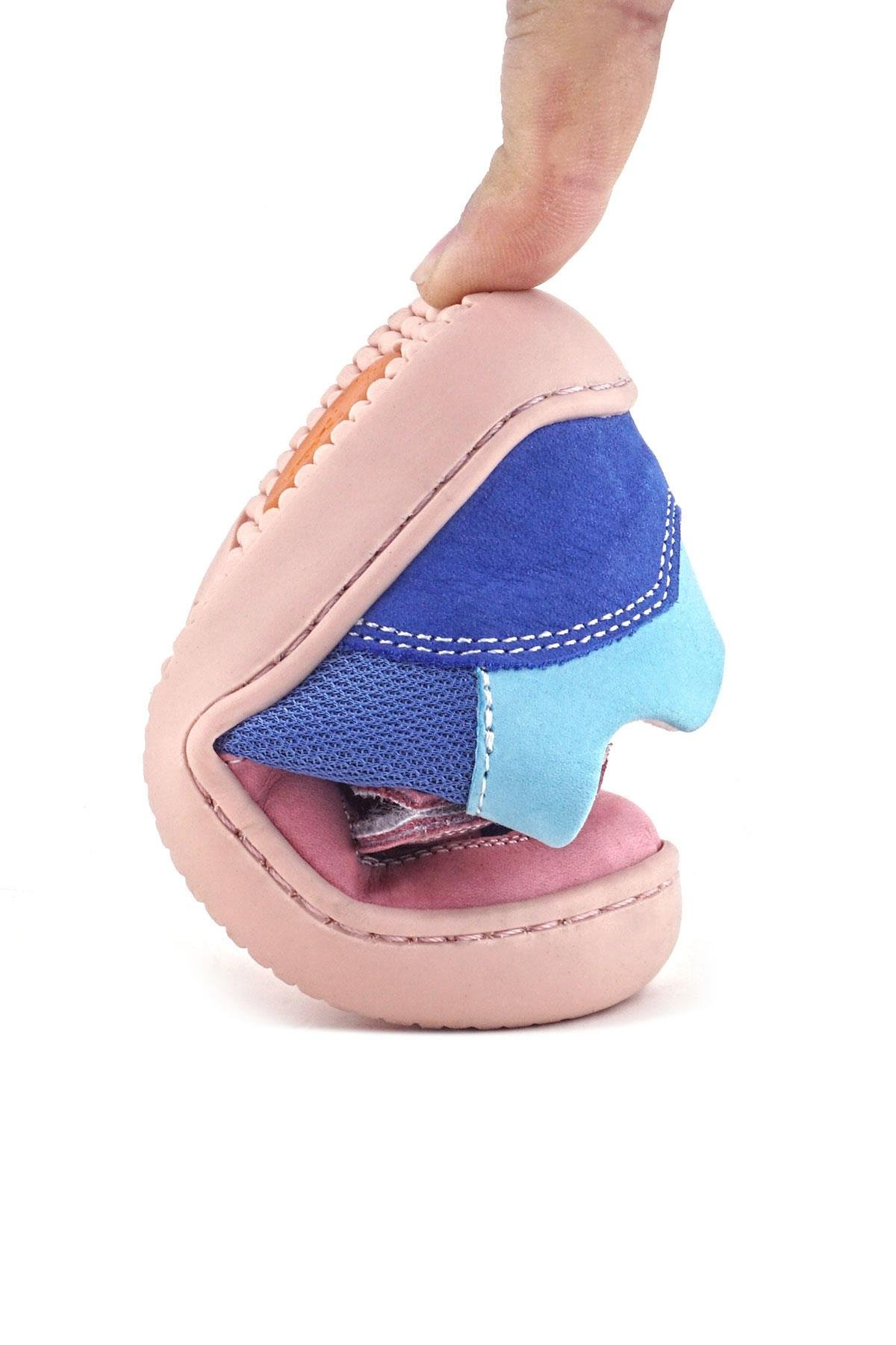 Rakerplus Bob Hakiki Deri Mavi Pembe Barefoot Cırtlı Lastikli Bebek Sneaker Ayakkabı