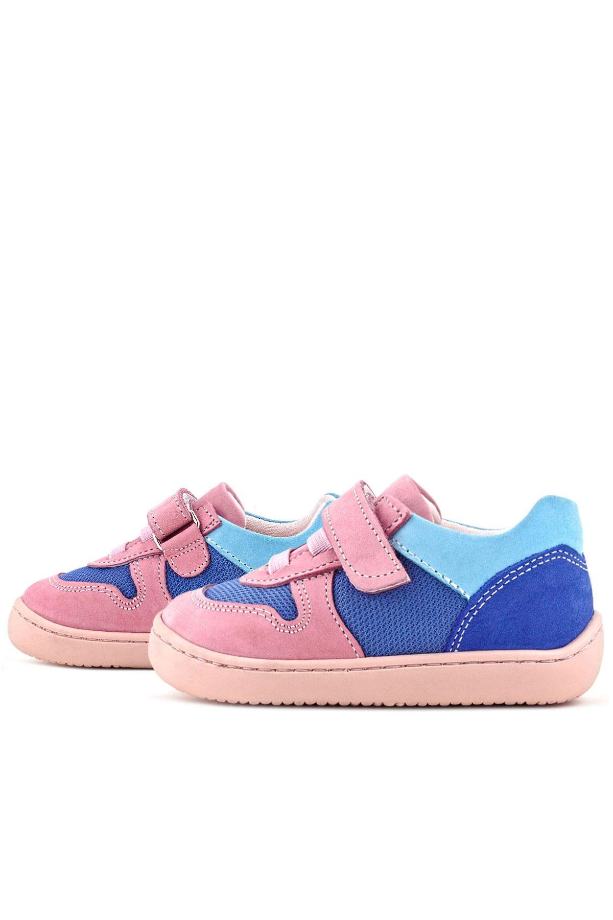 Rakerplus Bob Hakiki Deri Mavi Pembe Barefoot Cırtlı Lastikli Bebek Sneaker Ayakkabı