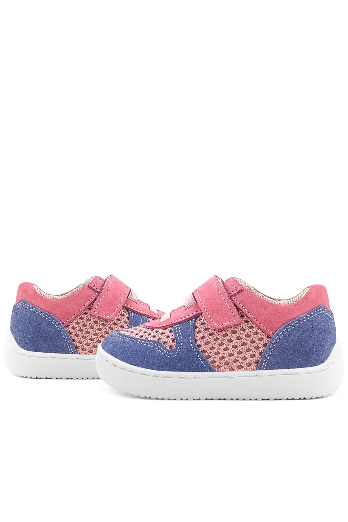 Rakerplus Bob Hakiki Deri Pembe Mavi Barefoot Cırtlı Lastikli Bebek Sneaker Ayakkabı