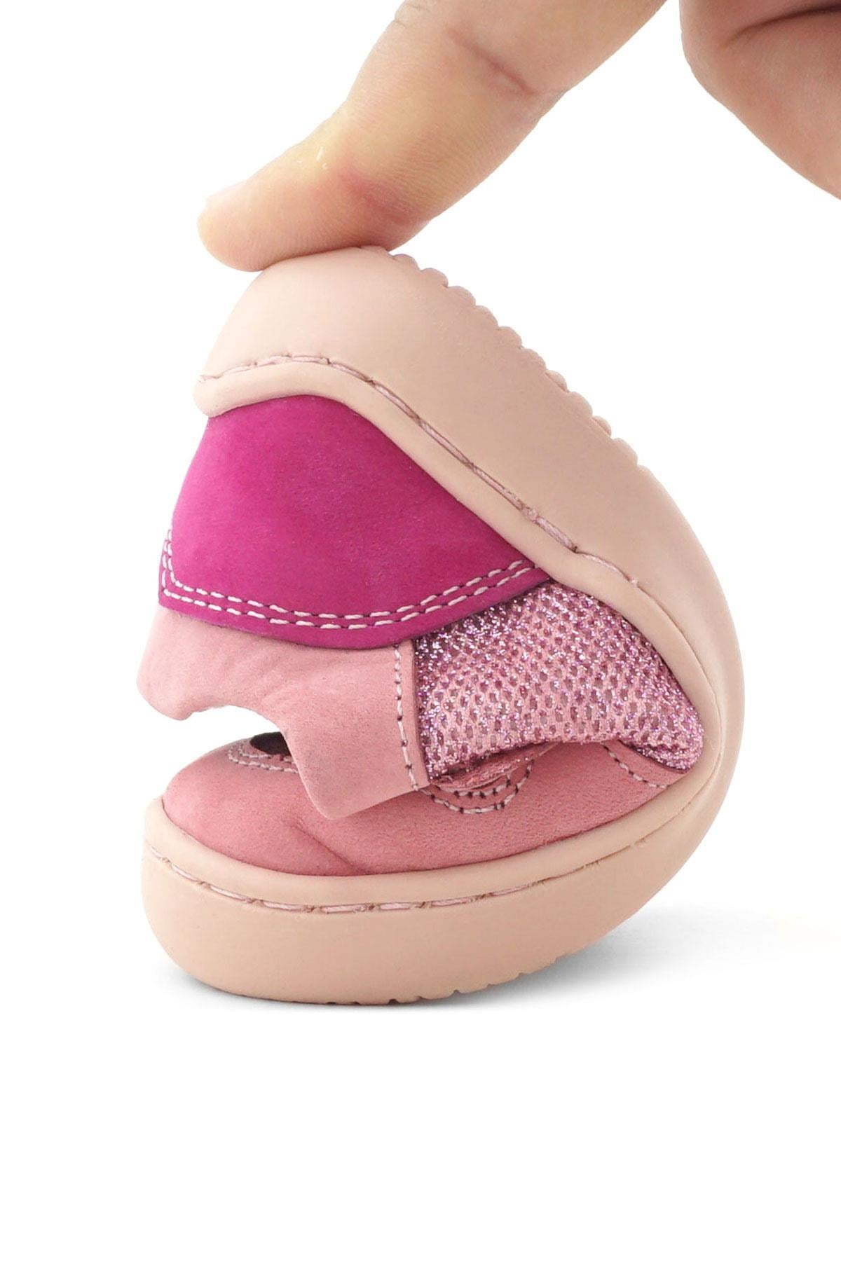 Rakerplus Bob Hakiki Deri Pembe Simli Barefoot Cırtlı Lastikli Bebek Sneaker Ayakkabı