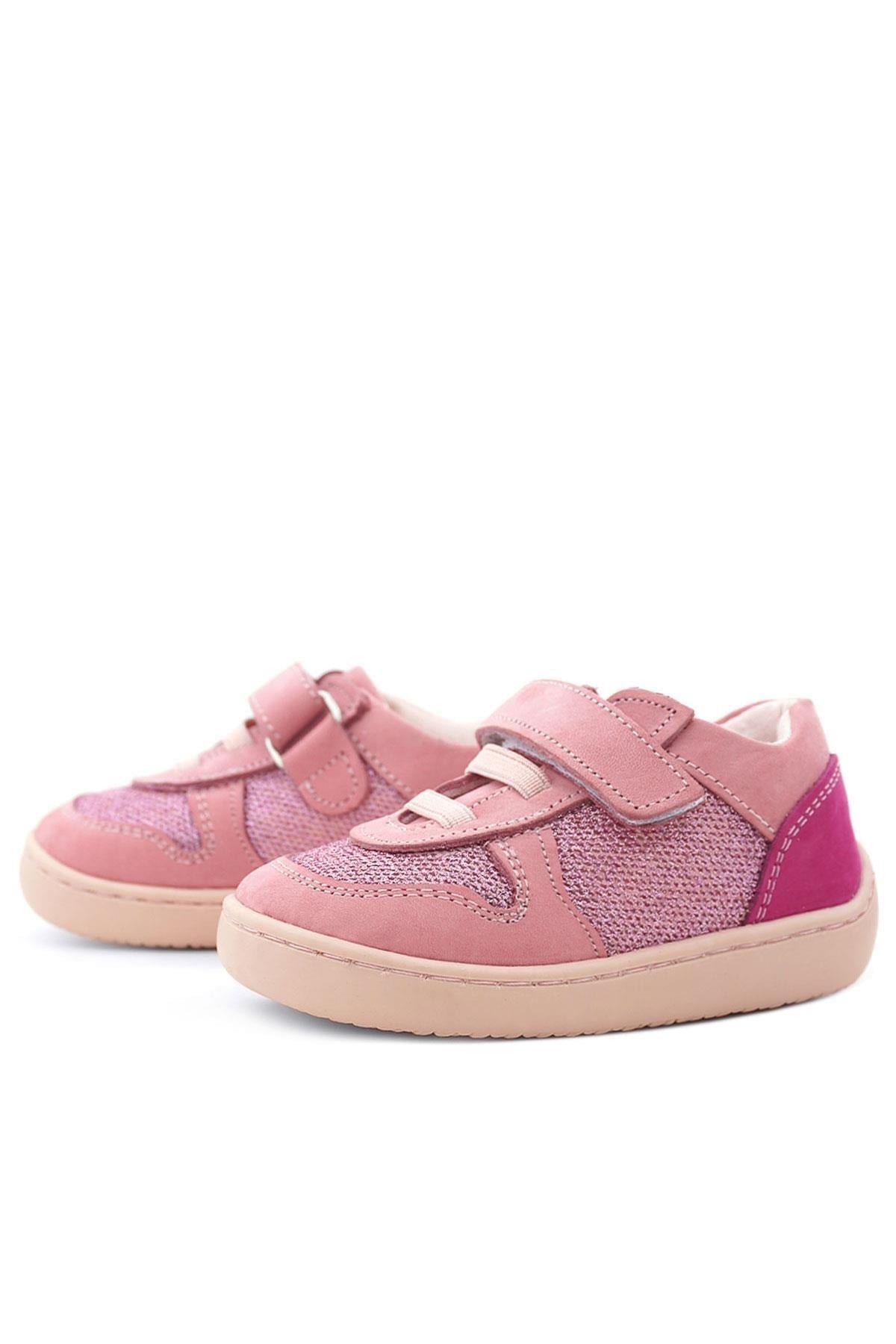 Rakerplus Bob Hakiki Deri Pembe Simli Barefoot Cırtlı Lastikli Bebek Sneaker Ayakkabı