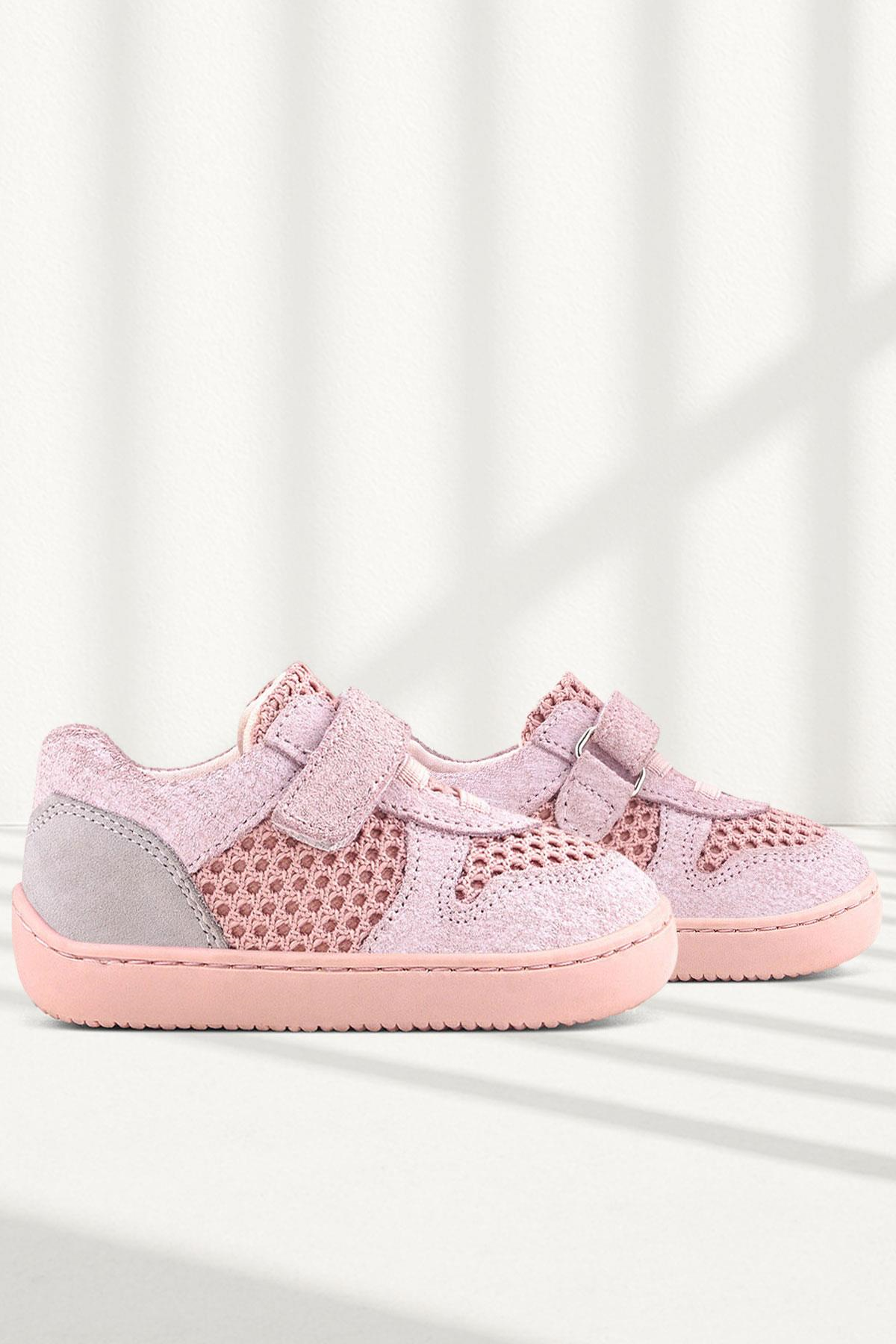 Rakerplus Bob Hakiki Deri Pudra Gri Barefoot Cırtlı Lastikli Bebek Sneaker Ayakkabı