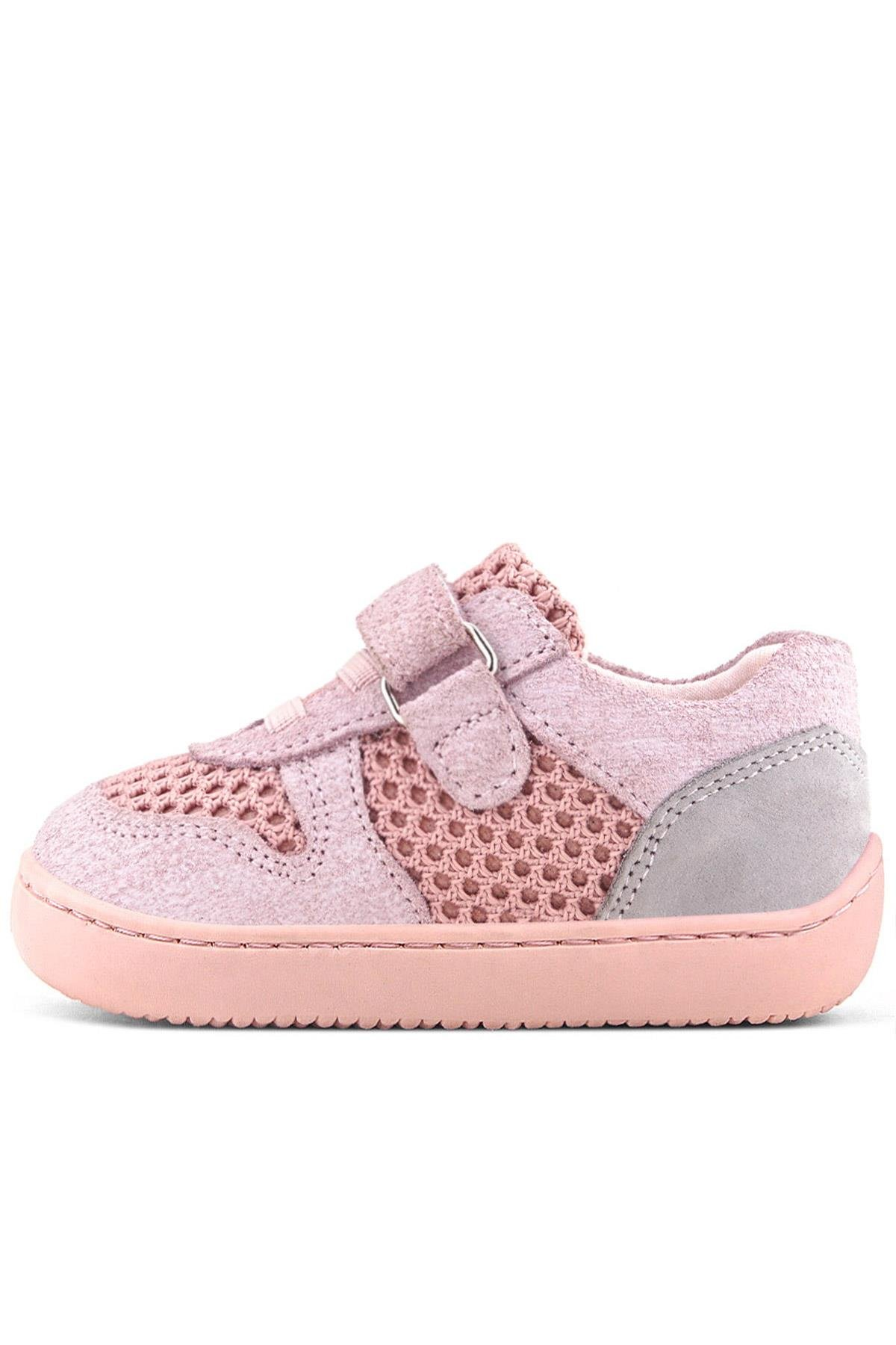 Rakerplus Bob Hakiki Deri Pudra Gri Barefoot Cırtlı Lastikli Bebek Sneaker Ayakkabı