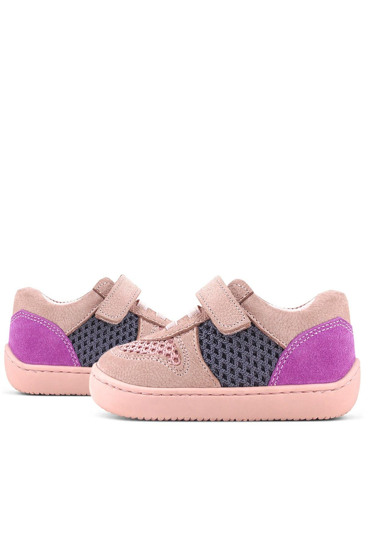 Rakerplus Bob Hakiki Deri Pudra Gri Mor Barefoot Cırtlı Lastikli Bebek Sneaker Ayakkabı