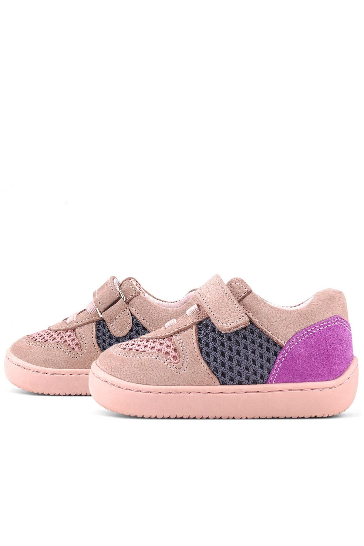 Rakerplus Bob Hakiki Deri Pudra Gri Mor Barefoot Cırtlı Lastikli Bebek Sneaker Ayakkabı