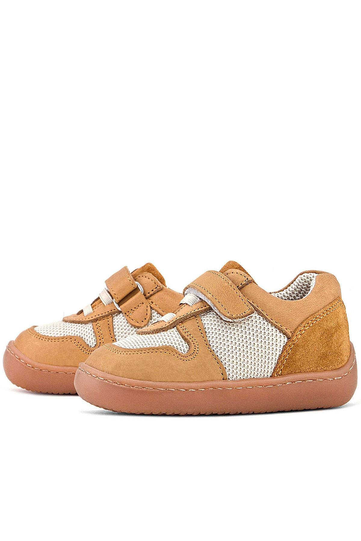 Rakerplus Bob Hakiki Deri Taba Krem Barefoot Cırtlı Lastikli Bebek Sneaker Ayakkabı