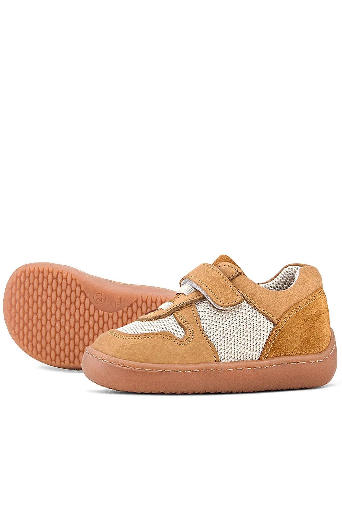 Rakerplus Bob Hakiki Deri Taba Krem Barefoot Cırtlı Lastikli Bebek Sneaker Ayakkabı