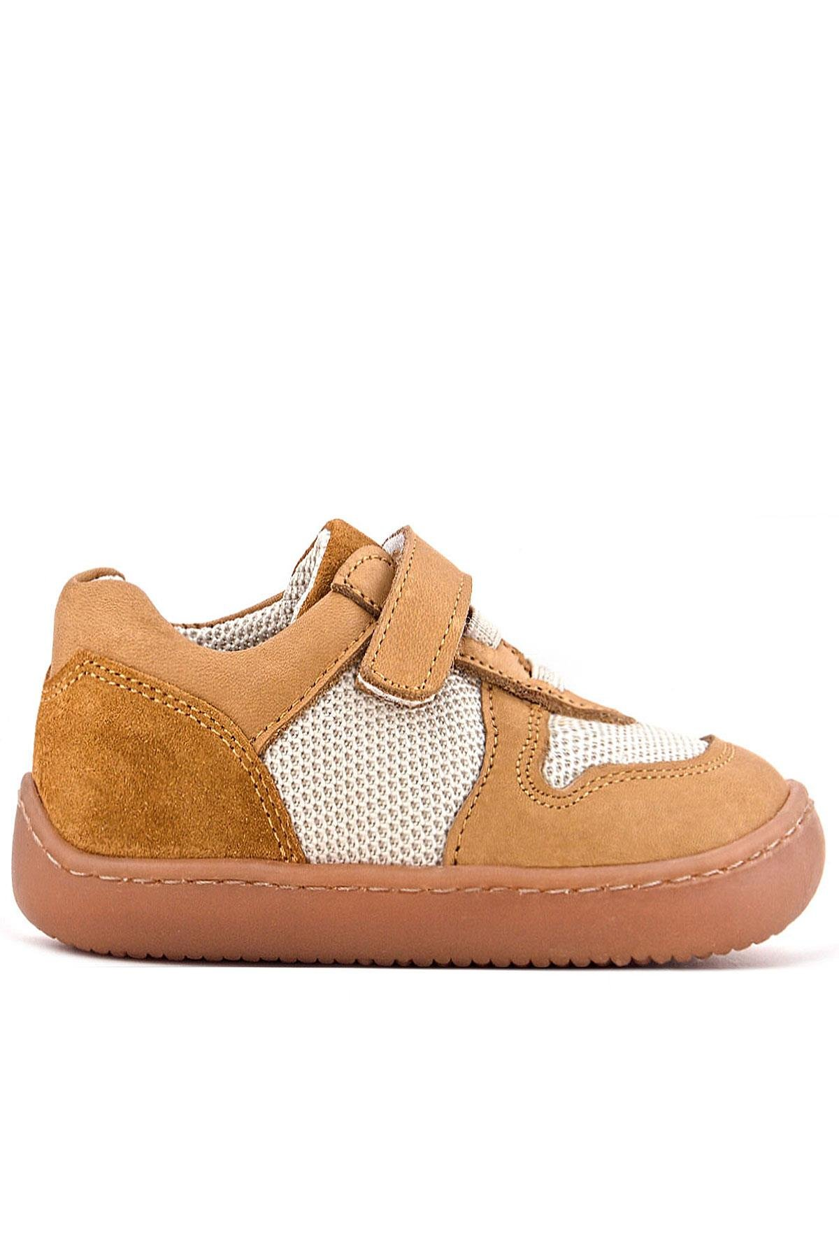 Rakerplus Bob Hakiki Deri Taba Krem Barefoot Cırtlı Lastikli Bebek Sneaker Ayakkabı