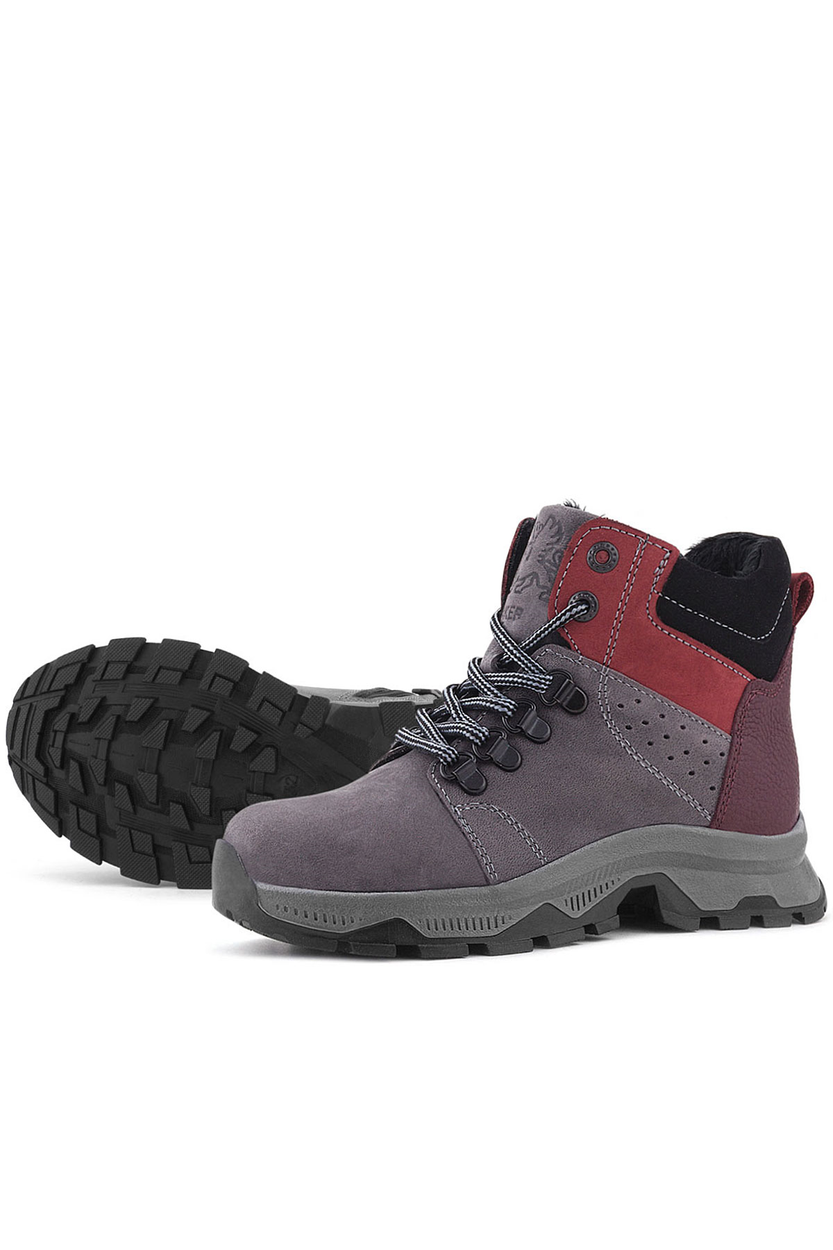 Rakerplus Hakiki Deri Gri Bordo Fermuarlı Trekking Çocuk Bot