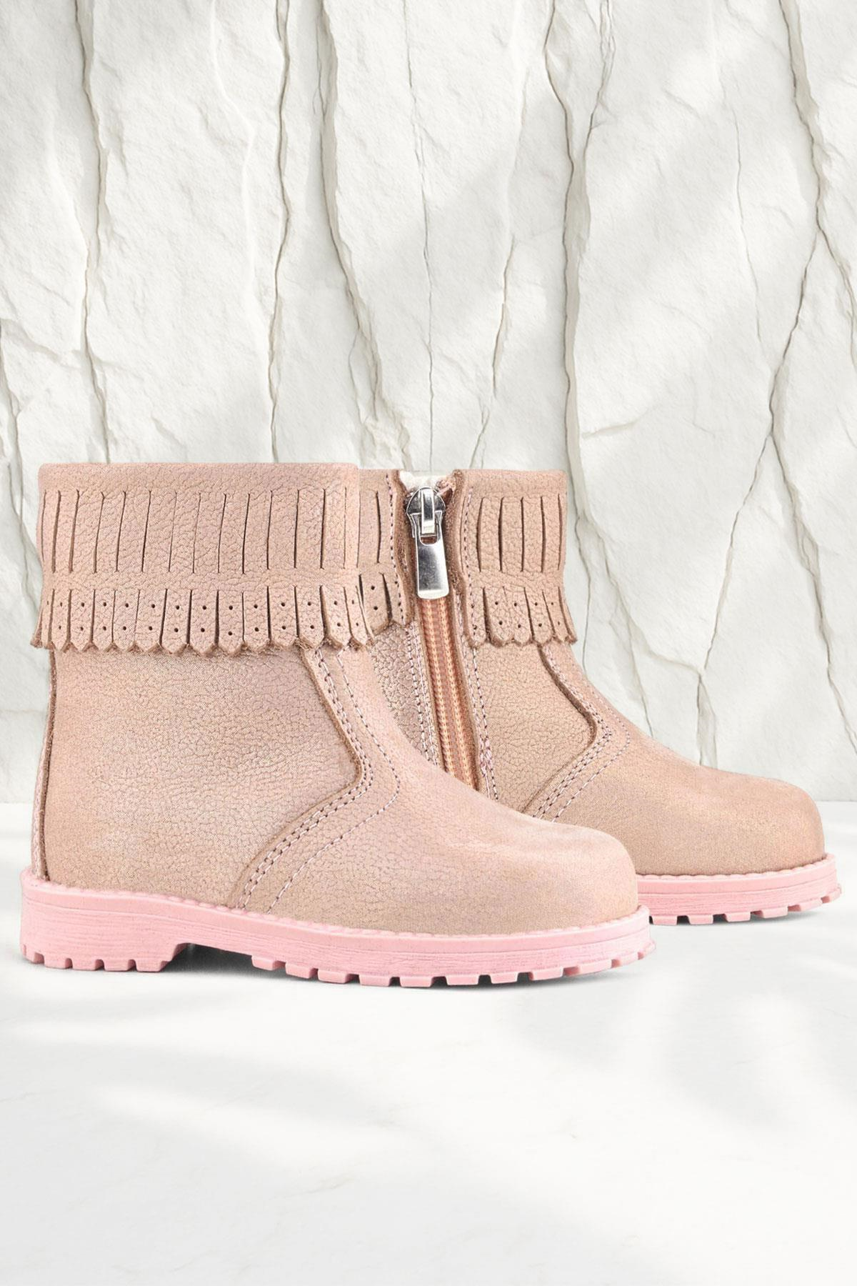 Rakerplus Chiron Hakiki Deri Pembe Simli Fermuarlı Kız Çocuk Bot Çizme