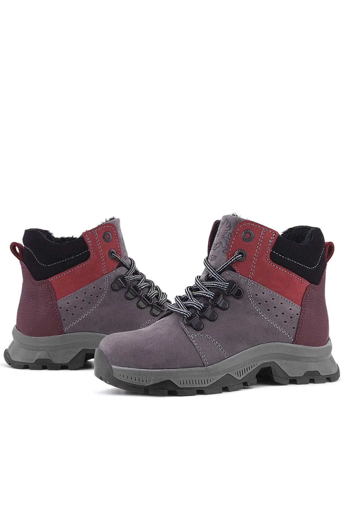 Rakerplus Hakiki Deri Gri Bordo Fermuarlı Trekking Çocuk Bot