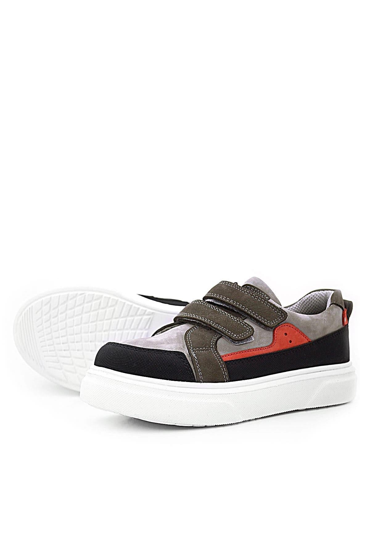 Rakerplus Hakiki Deri Gri Kırmızı Yüksek Taban Cırtlı Çocuk Günlük Spor Ayakkabı