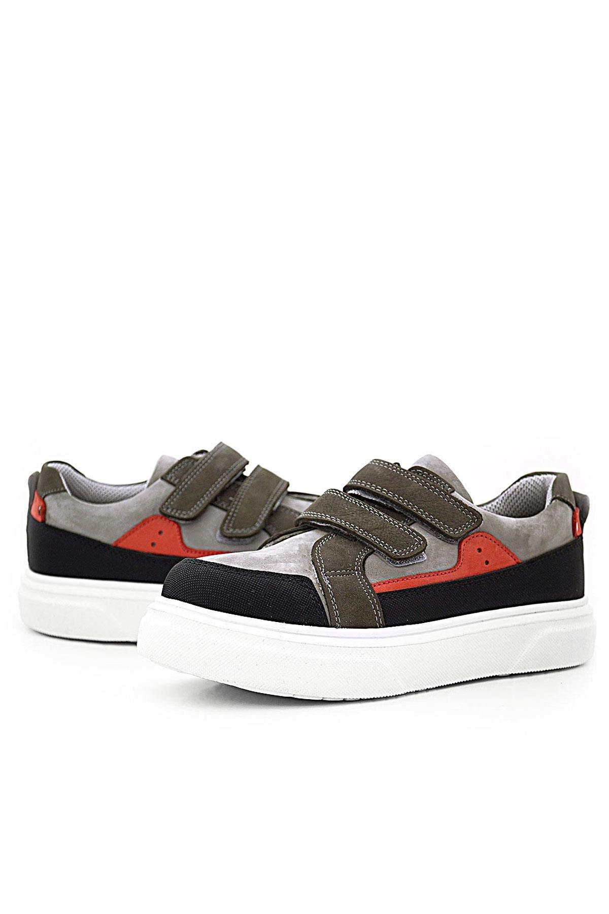 Rakerplus Hakiki Deri Gri Kırmızı Yüksek Taban Cırtlı Çocuk Günlük Spor Ayakkabı