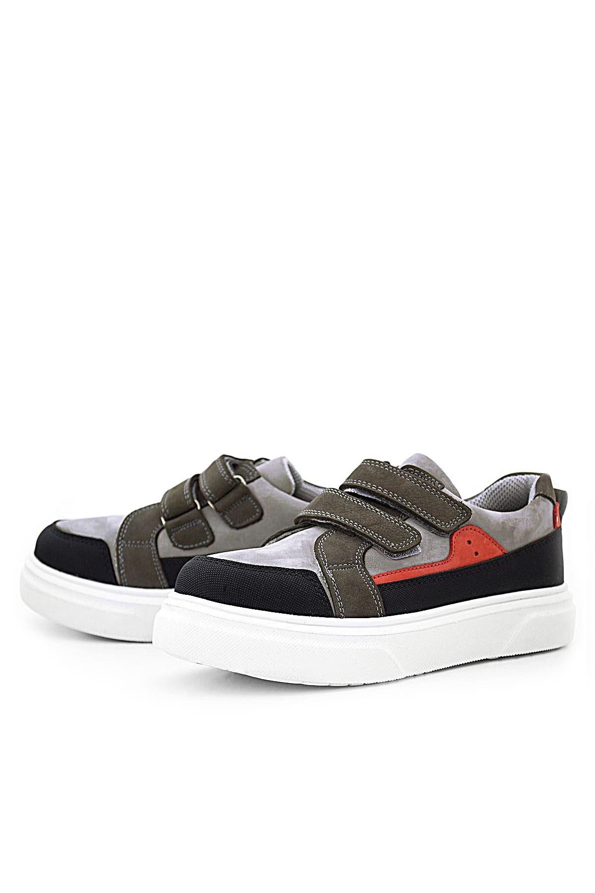 Rakerplus Hakiki Deri Gri Kırmızı Yüksek Taban Cırtlı Çocuk Günlük Spor Ayakkabı