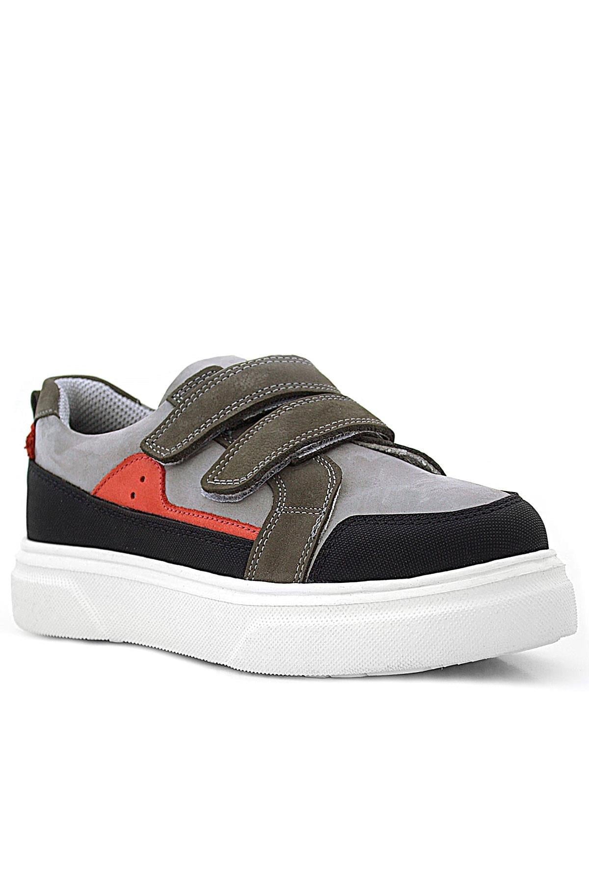 Rakerplus Hakiki Deri Gri Kırmızı Yüksek Taban Cırtlı Çocuk Günlük Spor Ayakkabı