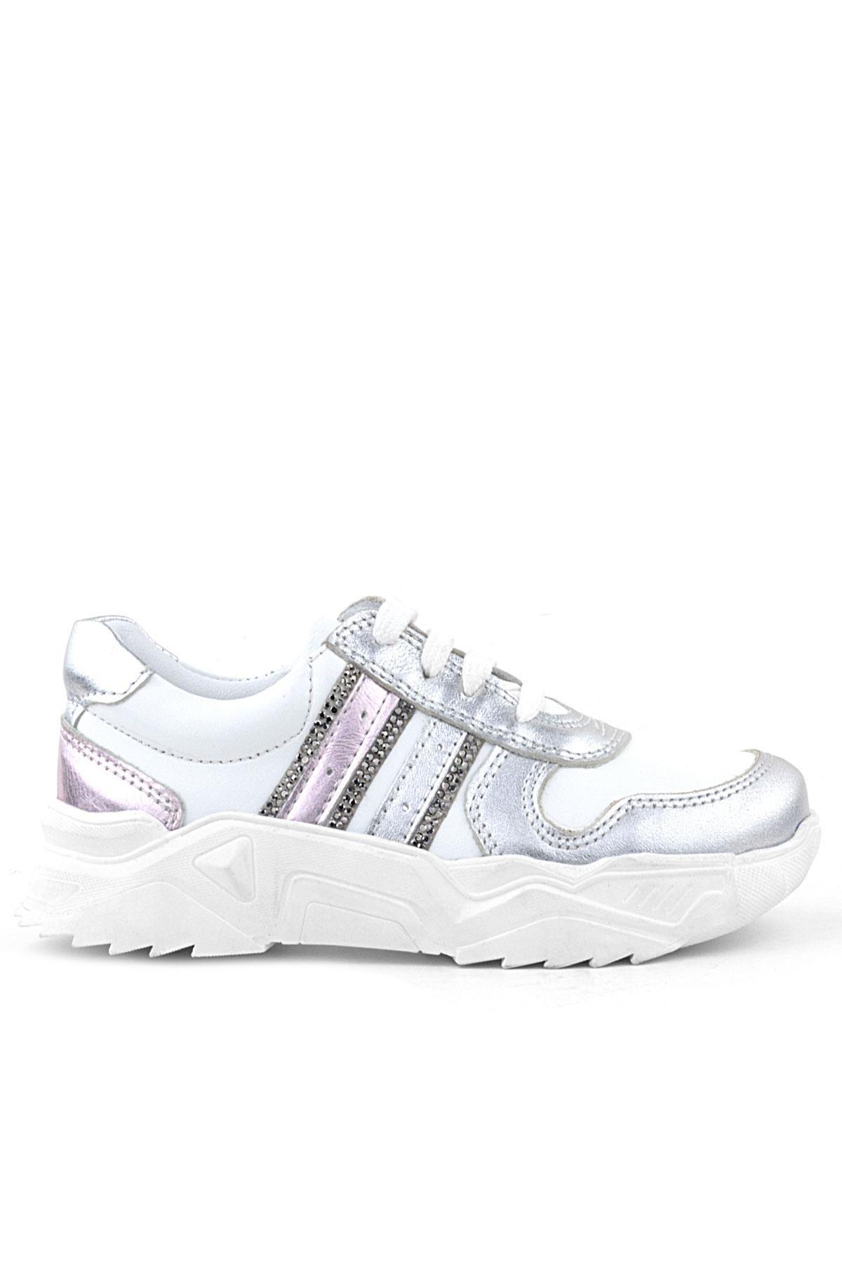 Rakerplus Hakiki Deri Gümüş Pembe Parlak Taşlı Kız Çocuk Sneakers Ayakkabı