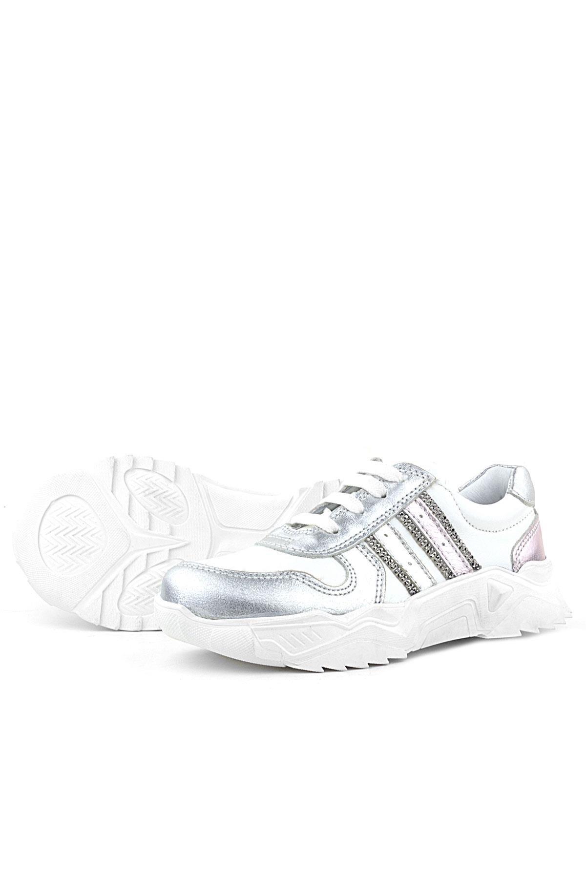 Rakerplus Hakiki Deri Gümüş Pembe Parlak Taşlı Kız Çocuk Sneakers Ayakkabı