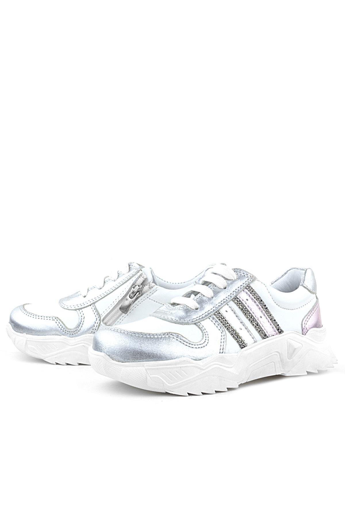Rakerplus Hakiki Deri Gümüş Pembe Parlak Taşlı Kız Çocuk Sneakers Ayakkabı