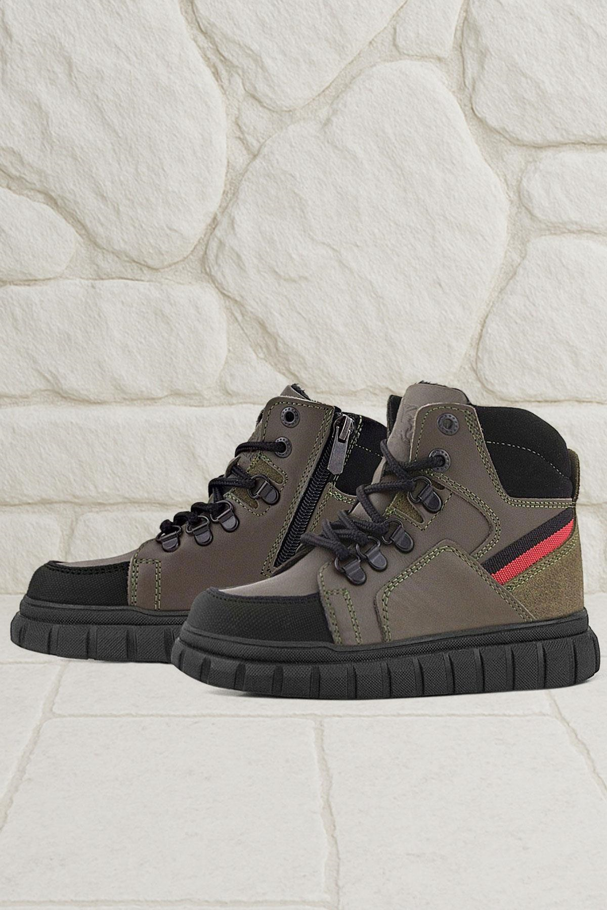 Rakerplus Hakiki Deri Haki Yeşil Fermuarlı Erkek Çocuk Bot