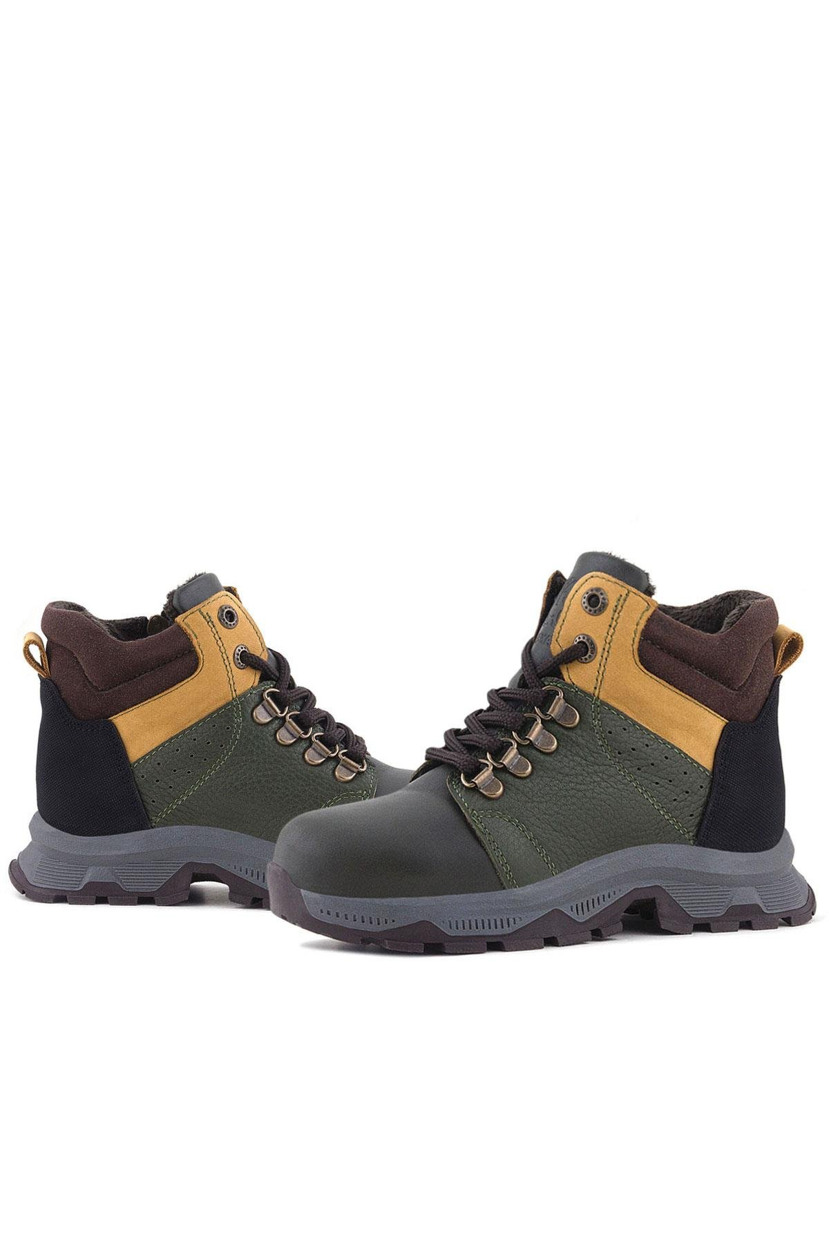 Rakerplus Hakiki Deri Haki Yeşil Sarı Fermuarlı Trekking Çocuk Bot