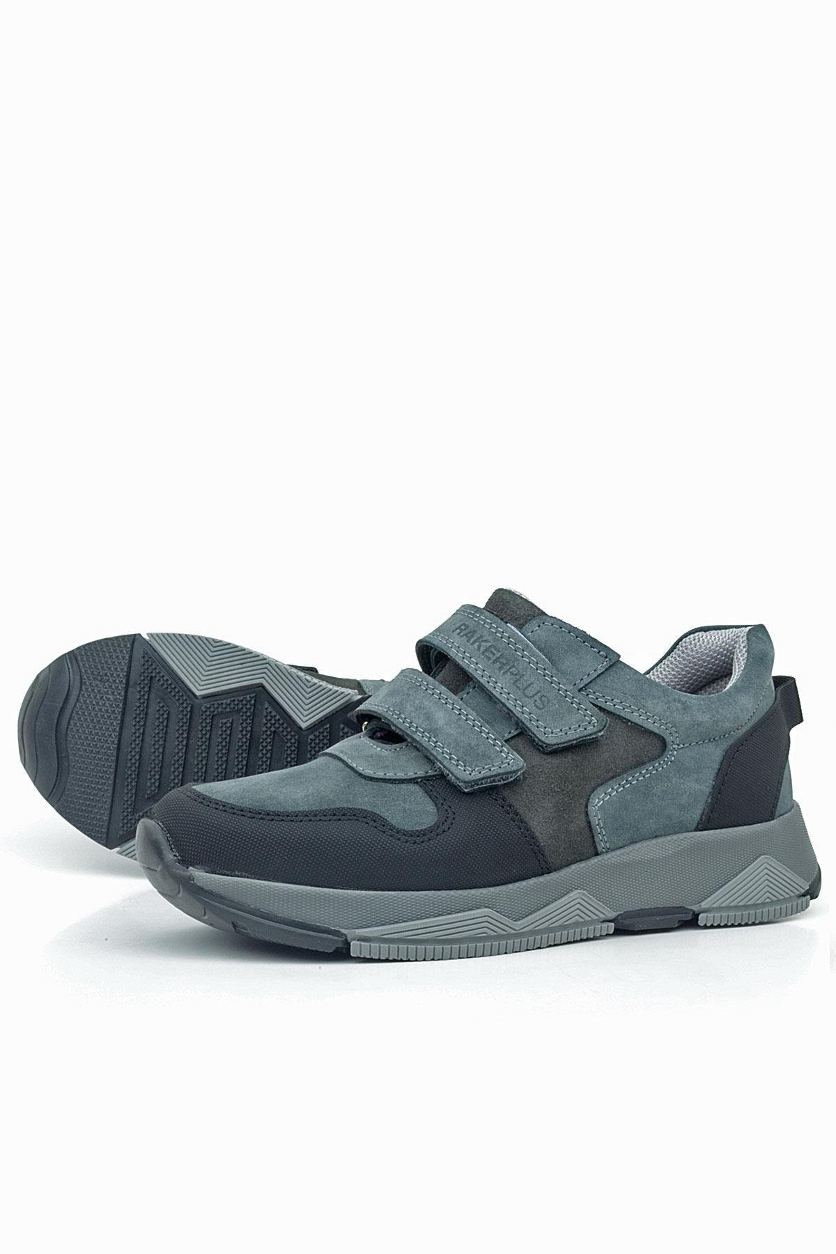 Rakerplus Hakiki Deri Koyu Gri Siyah Çocuk Cırtlı Sneakers Spor Ayakkabı