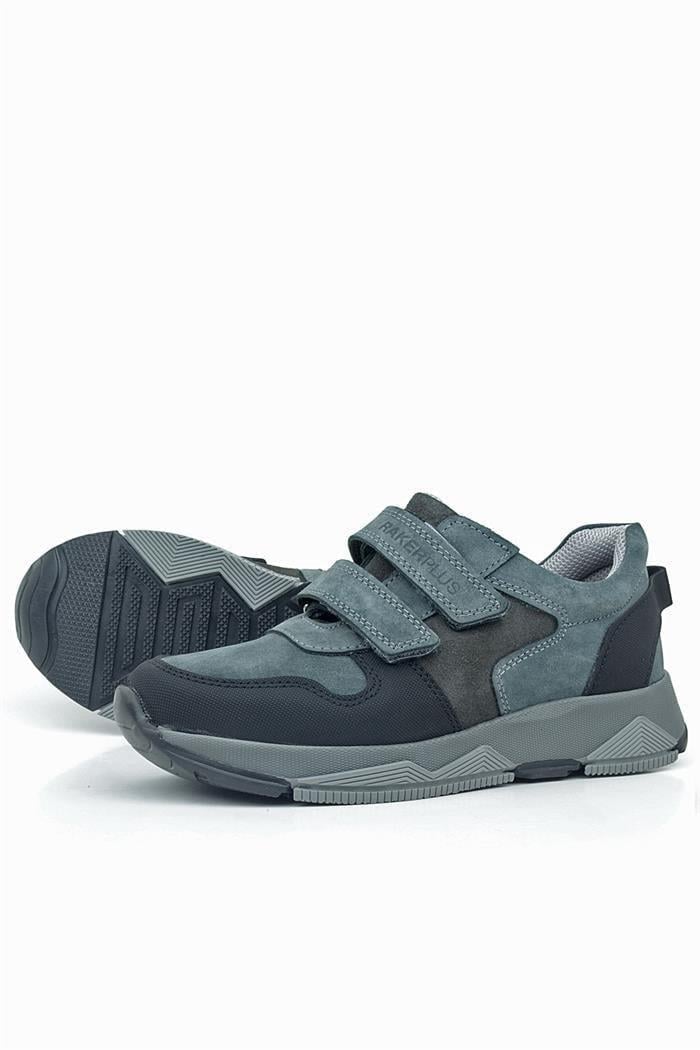 Rakerplus Hakiki Deri Koyu Gri Siyah Çocuk Cırtlı Sneakers Spor Ayakkabı