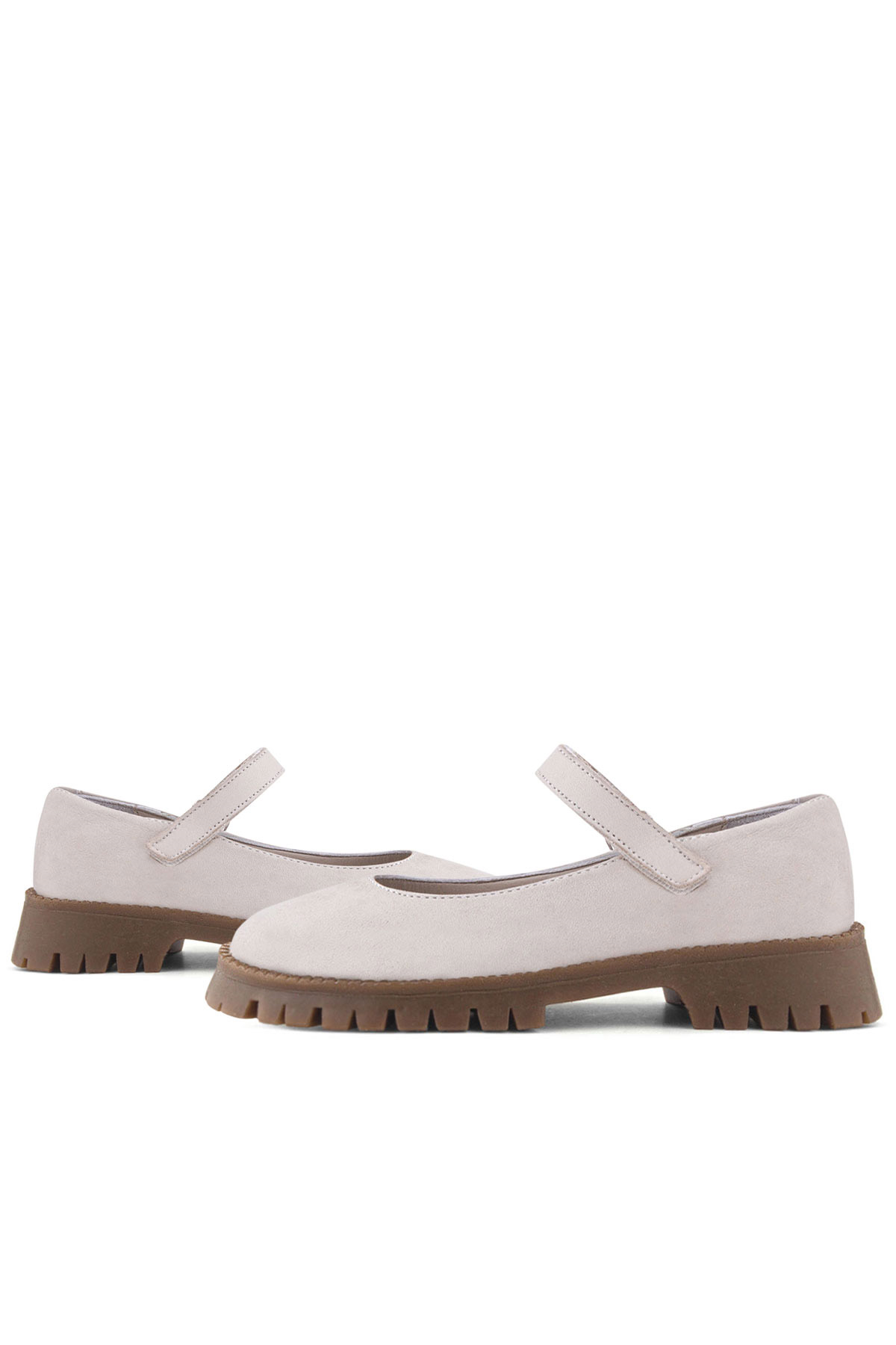 Rakerplus Hakiki Deri Krem Nubuk Cırtlı Kalın Tabanlı Kız Çocuk Okul Ayakkabısı