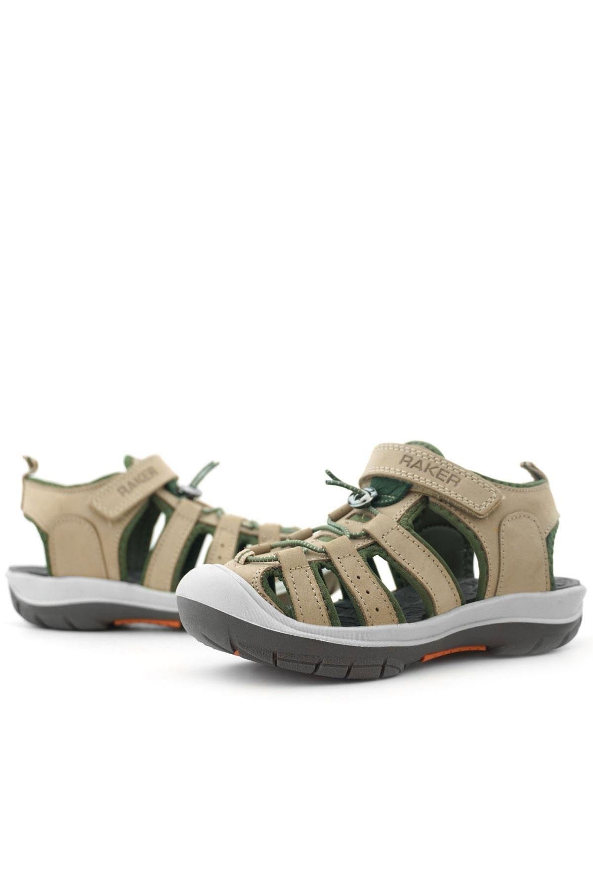 Rakerplus Hakiki Deri Kum Rengi Haki Yeşil Çocuk Sandalet