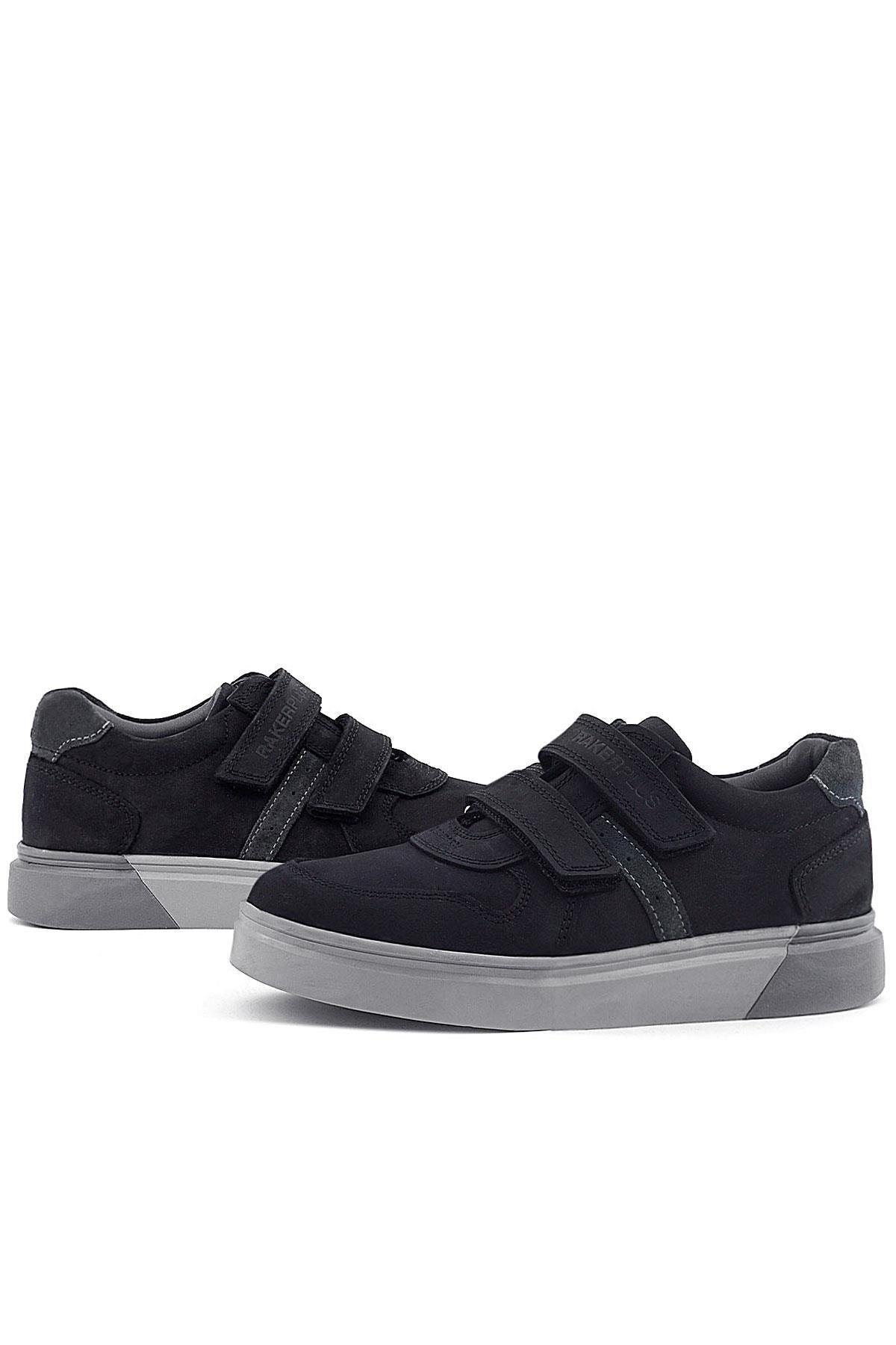 Rakerplus Hakiki Deri Siyah Nubuk Gri Cırtlı Erkek Çocuk Sneaker
