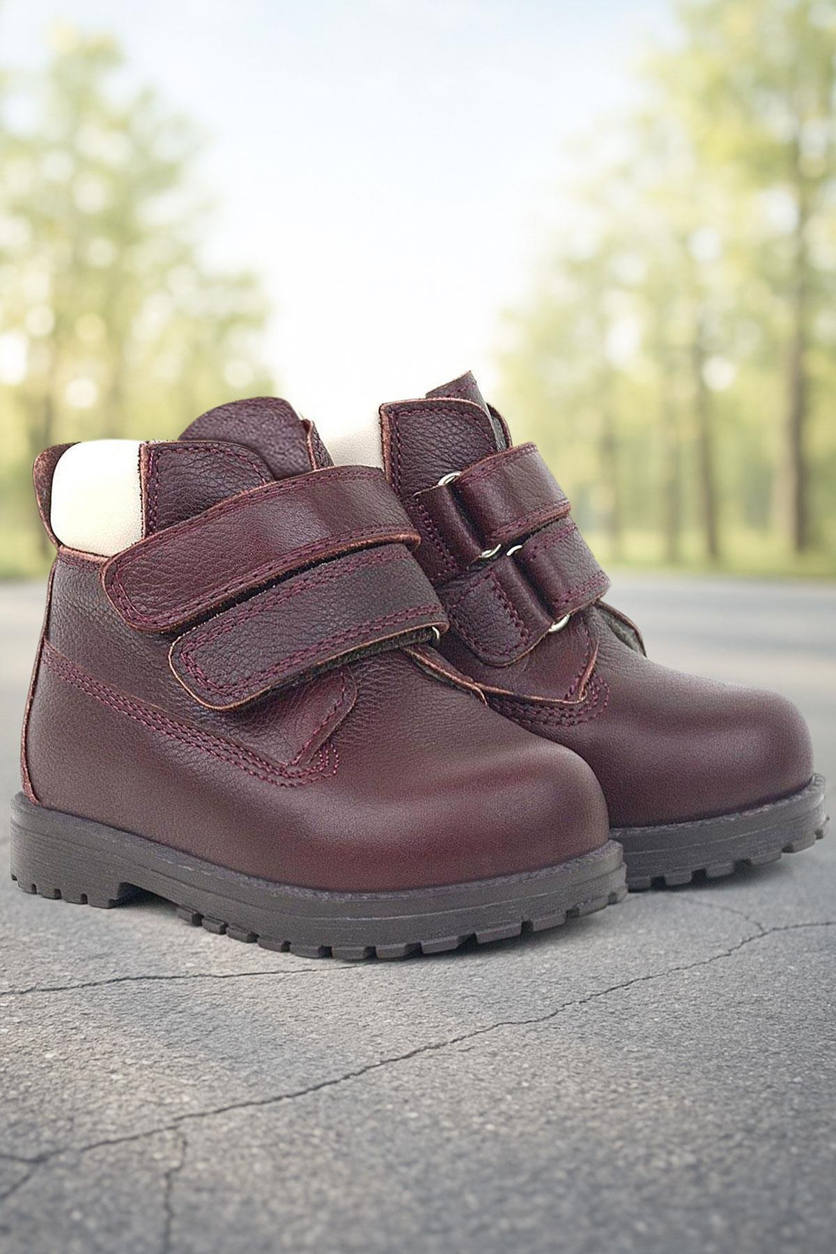 Rakerplus Neson Hakiki Deri Bordo Kürklü Cırtlı Bebek Bot