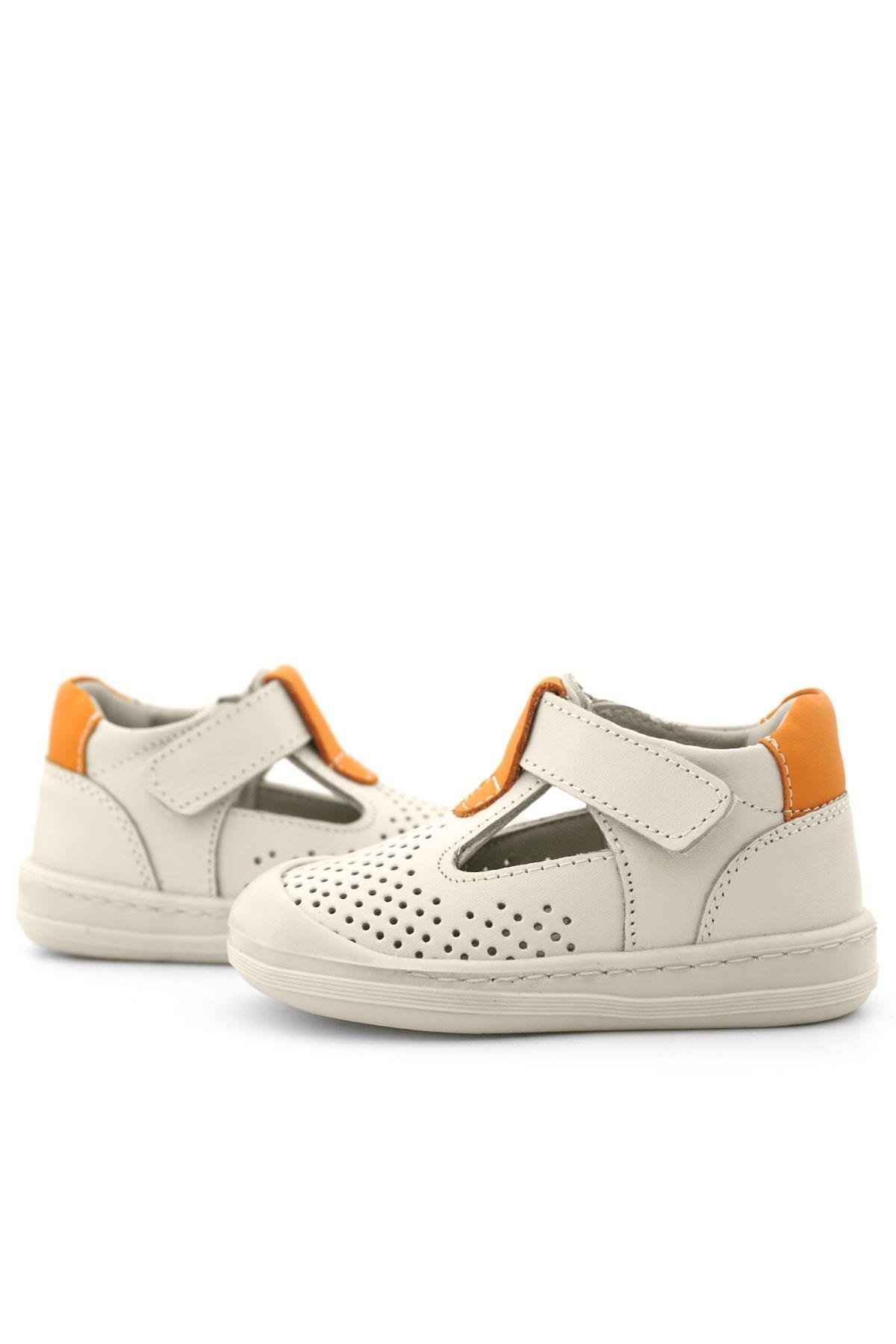 Rakerplus Shaun Hakiki Deri Bej Turuncu Cırtlı Anatomik Bebek Sandalet