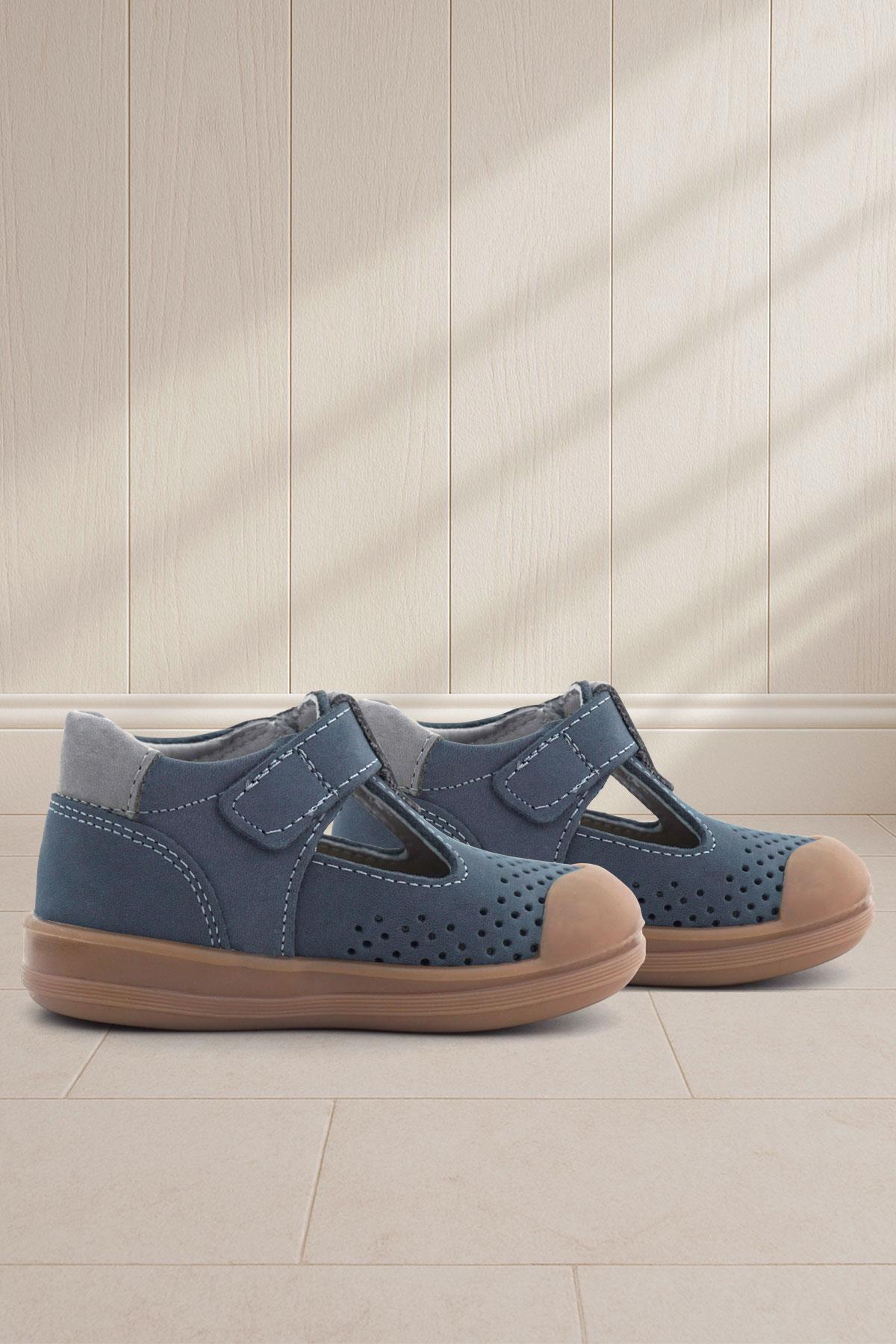 Rakerplus Shaun Hakiki Deri Lacivert Gri Cırtlı Anatomik Bebek Sandalet