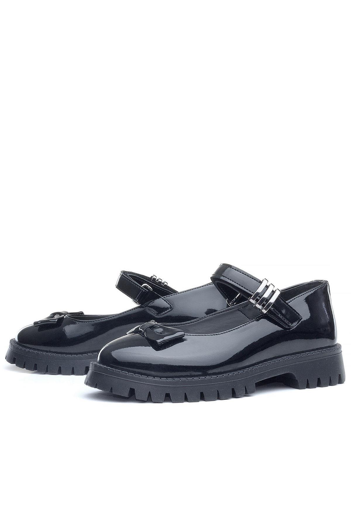 Rakerplus Siyah Rugan Kalın Tabanlı Cırtlı Kız Çocuk Babet Okul Ayakkabı