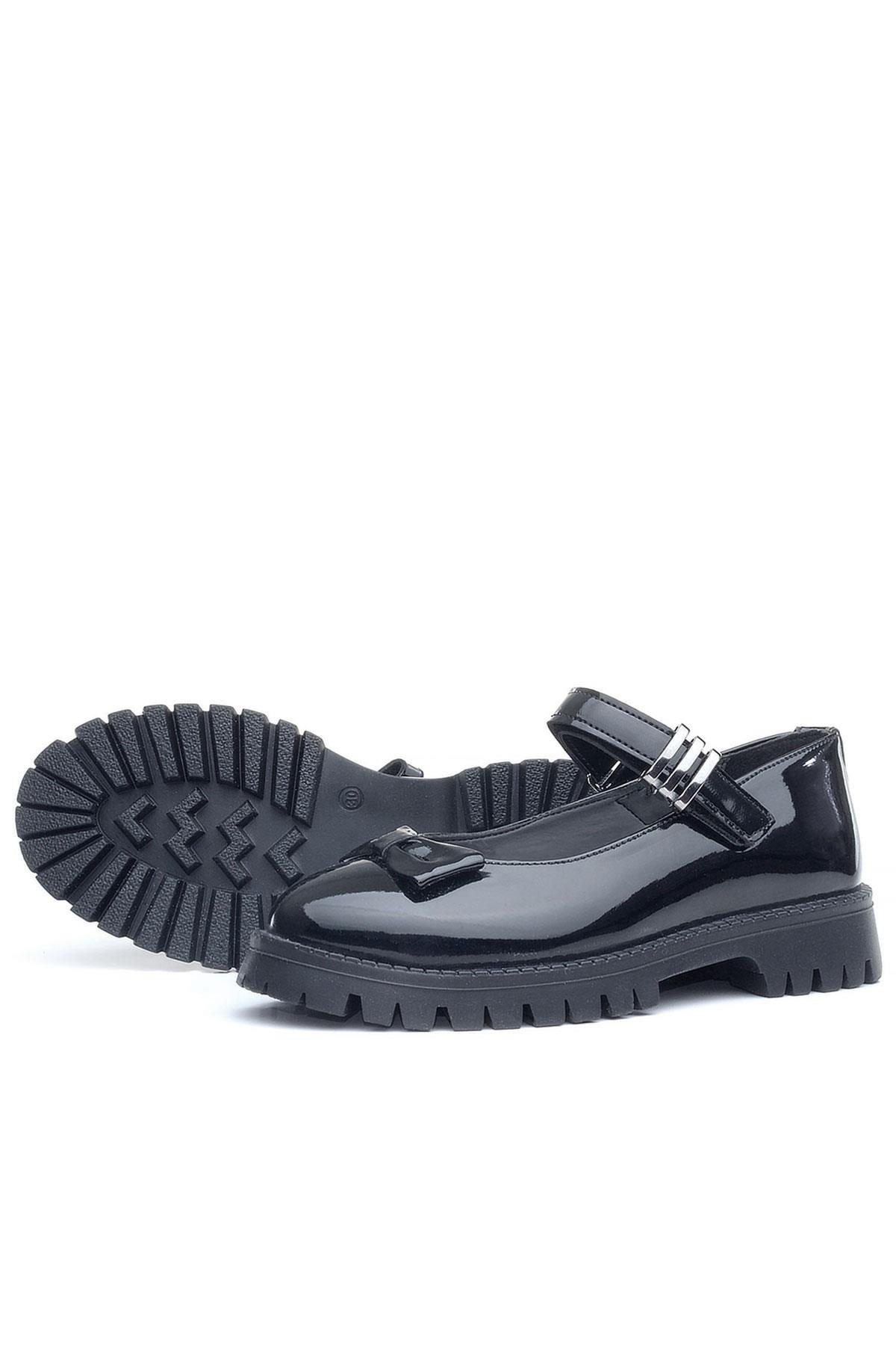 Rakerplus Siyah Rugan Kalın Tabanlı Cırtlı Kız Çocuk Babet Okul Ayakkabı