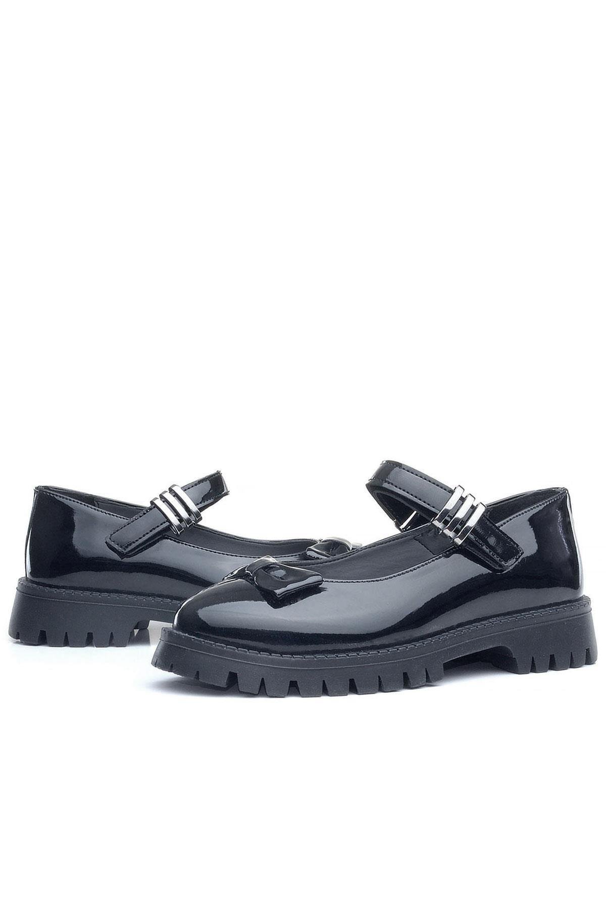 Rakerplus Siyah Rugan Kalın Tabanlı Cırtlı Kız Çocuk Babet Okul Ayakkabı