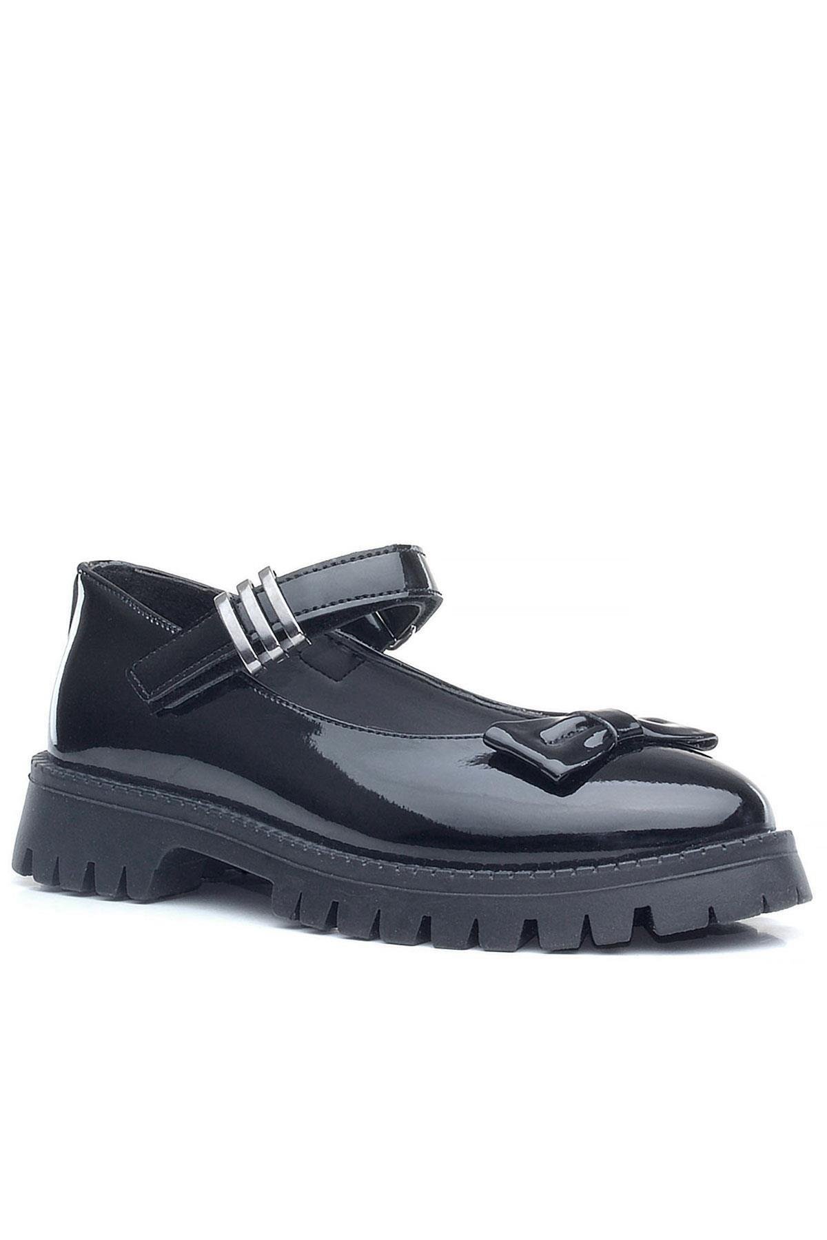 Rakerplus Siyah Rugan Kalın Tabanlı Cırtlı Kız Çocuk Babet Okul Ayakkabı