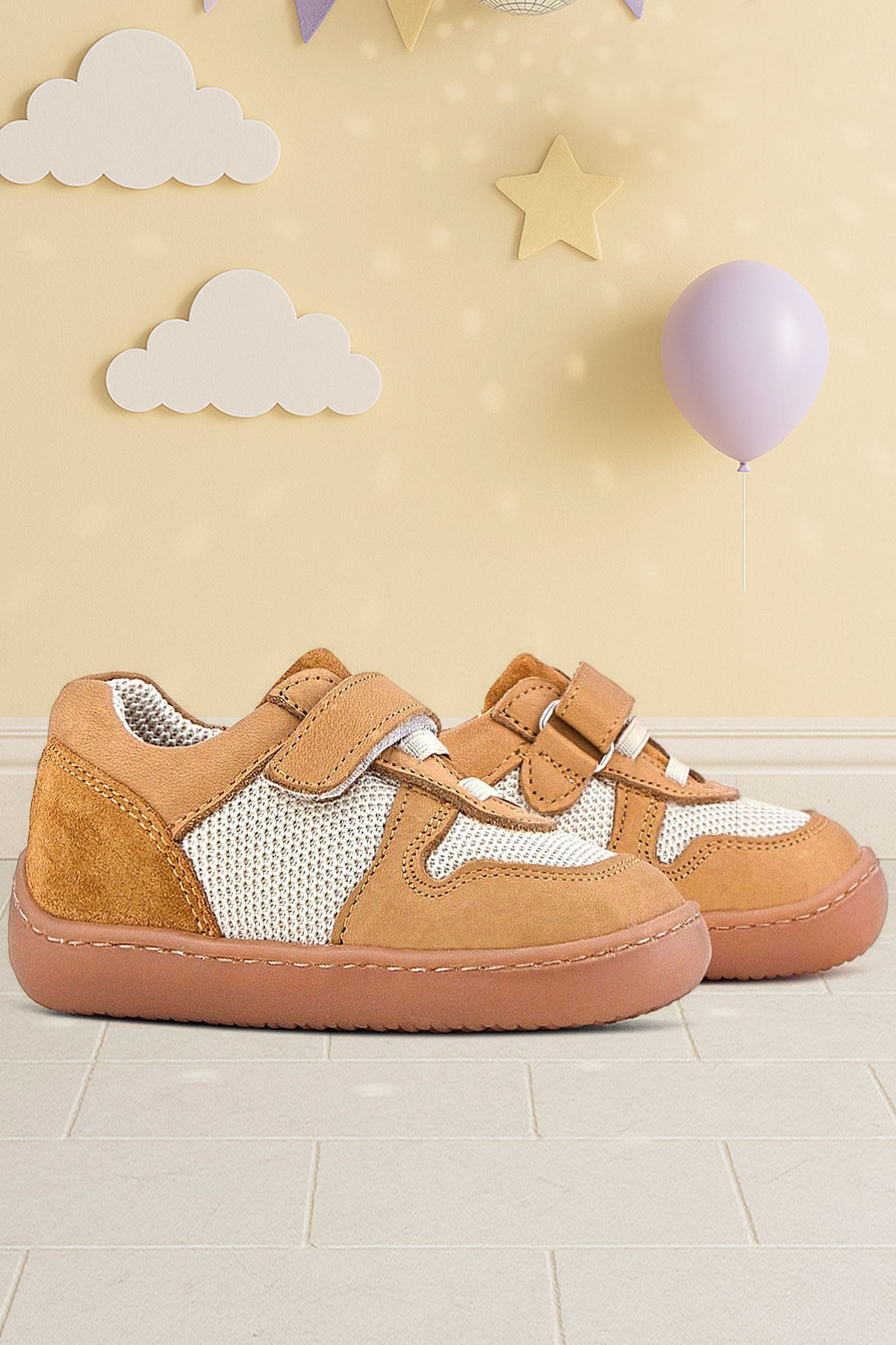 Rakerplus Bob Hakiki Deri Taba Krem Barefoot Cırtlı Lastikli Bebek Sneaker Ayakkabı